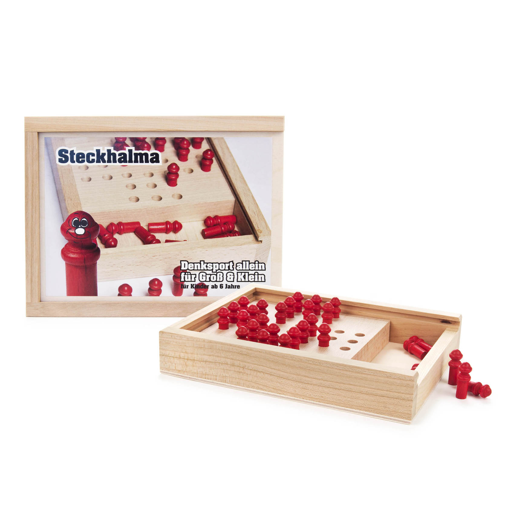 Ein Steckhalma-Spiel aus Holz mit roten Spielsteinen, in offenem Zustand und ein Verpackungskarton mit dem gleichen Motiv. im Dregeno Online Shop günstig kaufen