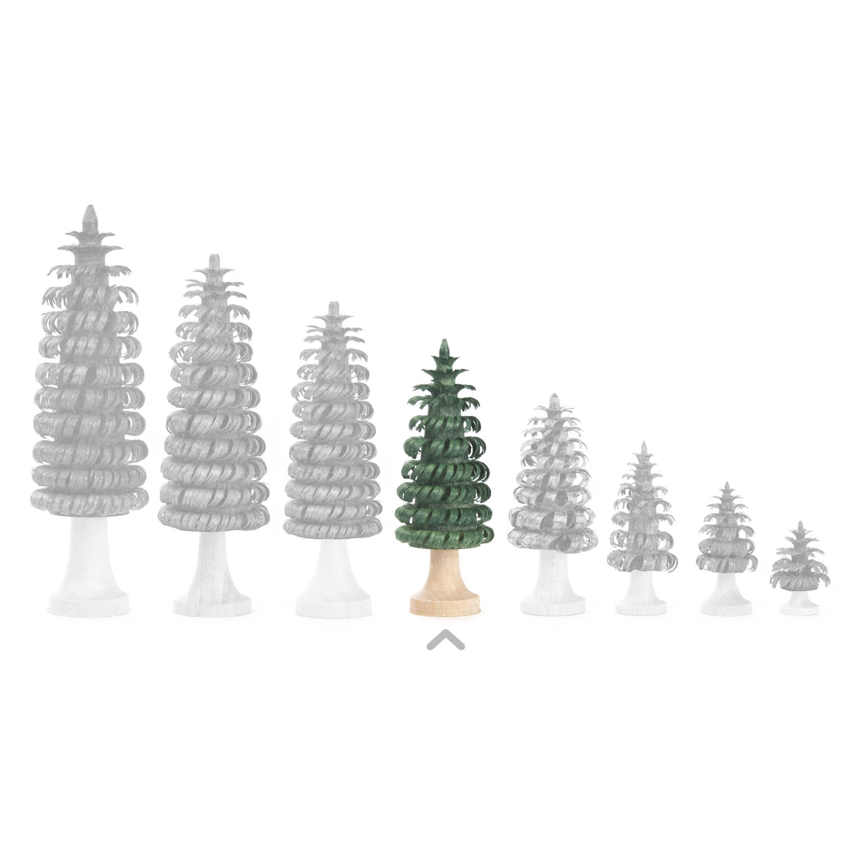 A small green spiral-shaped wooden tree with a natural wooden base, standing out in the center, surrounded by grayscale versions of similar trees.