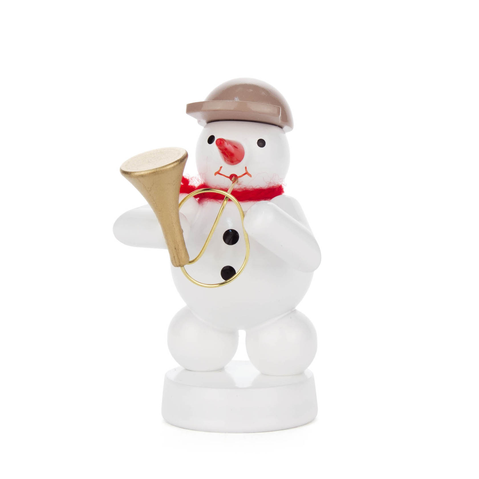 A snowman figurine playing a tuba, adorned with a brown hat and red scarf. im Dregeno Online Shop günstig kaufen