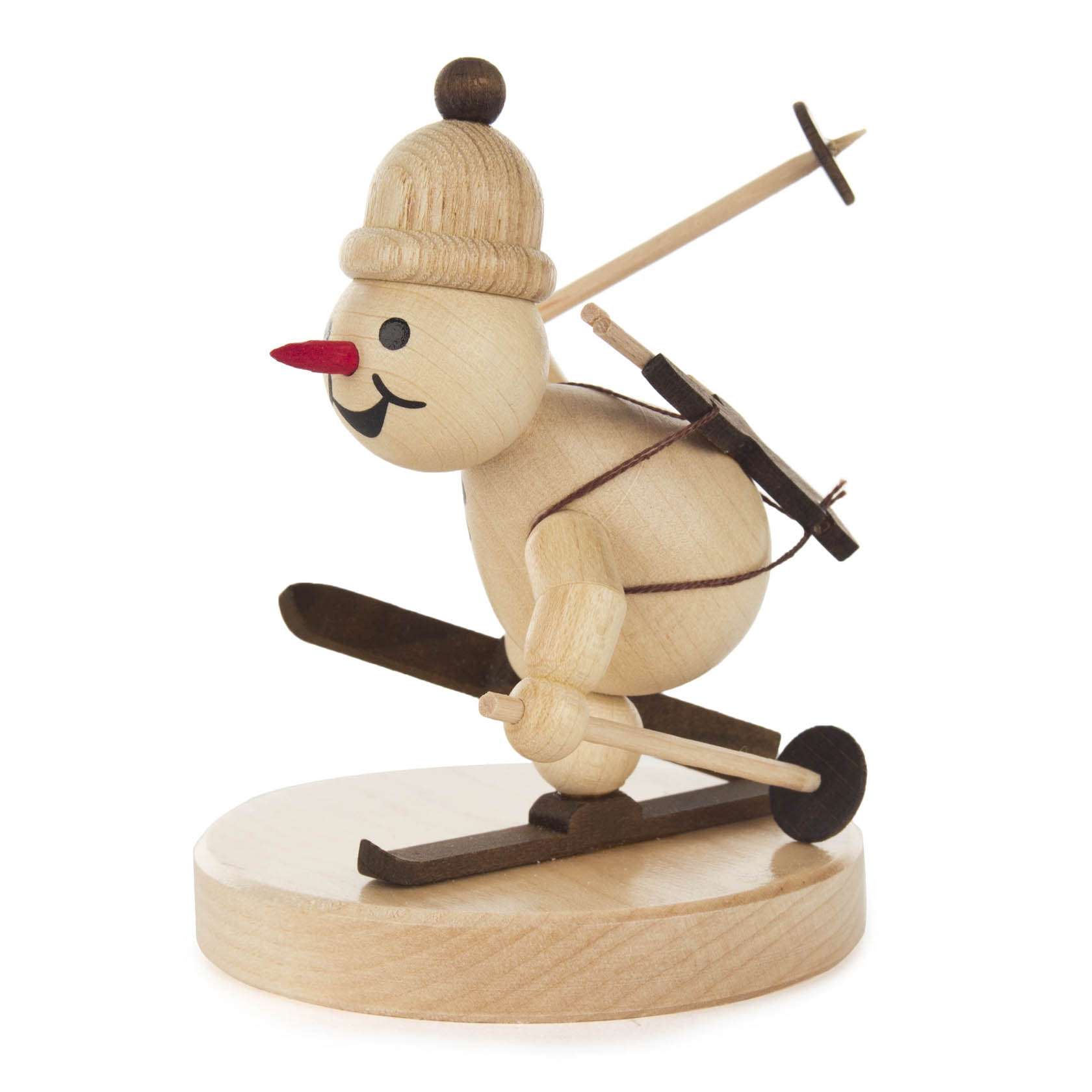 Holzfigur eines Schneemanns mit Mütze, Skiern und Biathlon-Stöcken, der in einer laufenden Position dargestellt ist. im Dregeno Online Shop günstig kaufen