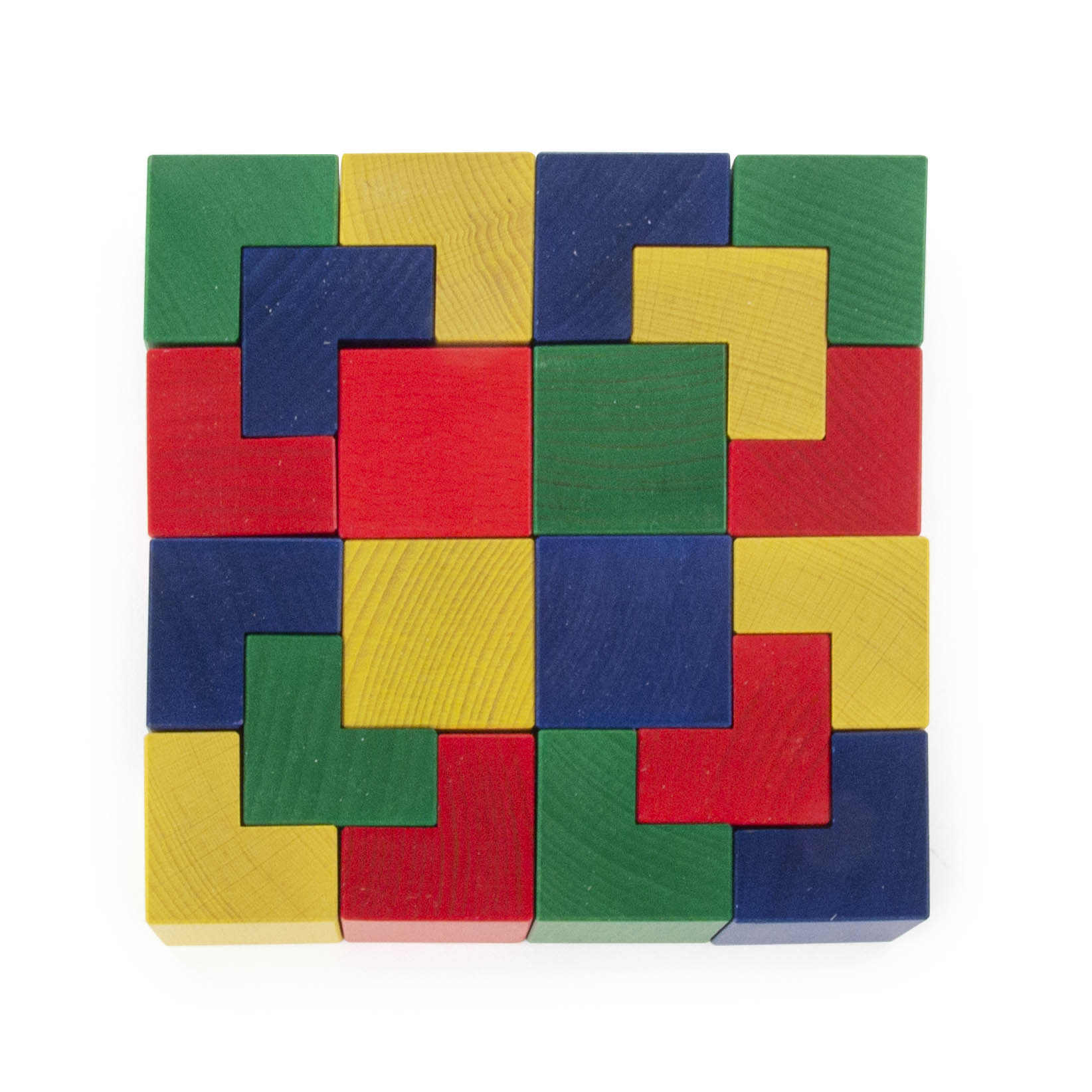 Ein Quadrat bestehend aus 20 Multipo-Bausteinen in Rot, Blau, Gelb und Grün. Die Bausteine sind Tetris-ähnlich angeordnet und bilden ein vollständiges Puzzle. im Dregeno Online Shop günstig kaufen