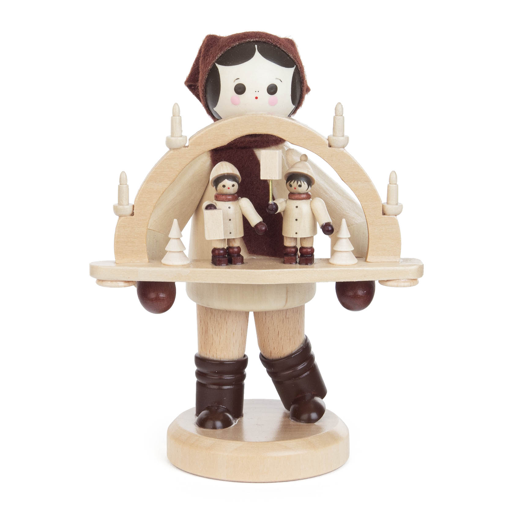 A wooden figure of a girl holding a candle arch with two small figures on it, wearing a brown headscarf and boots. im Dregeno Online Shop günstig kaufen