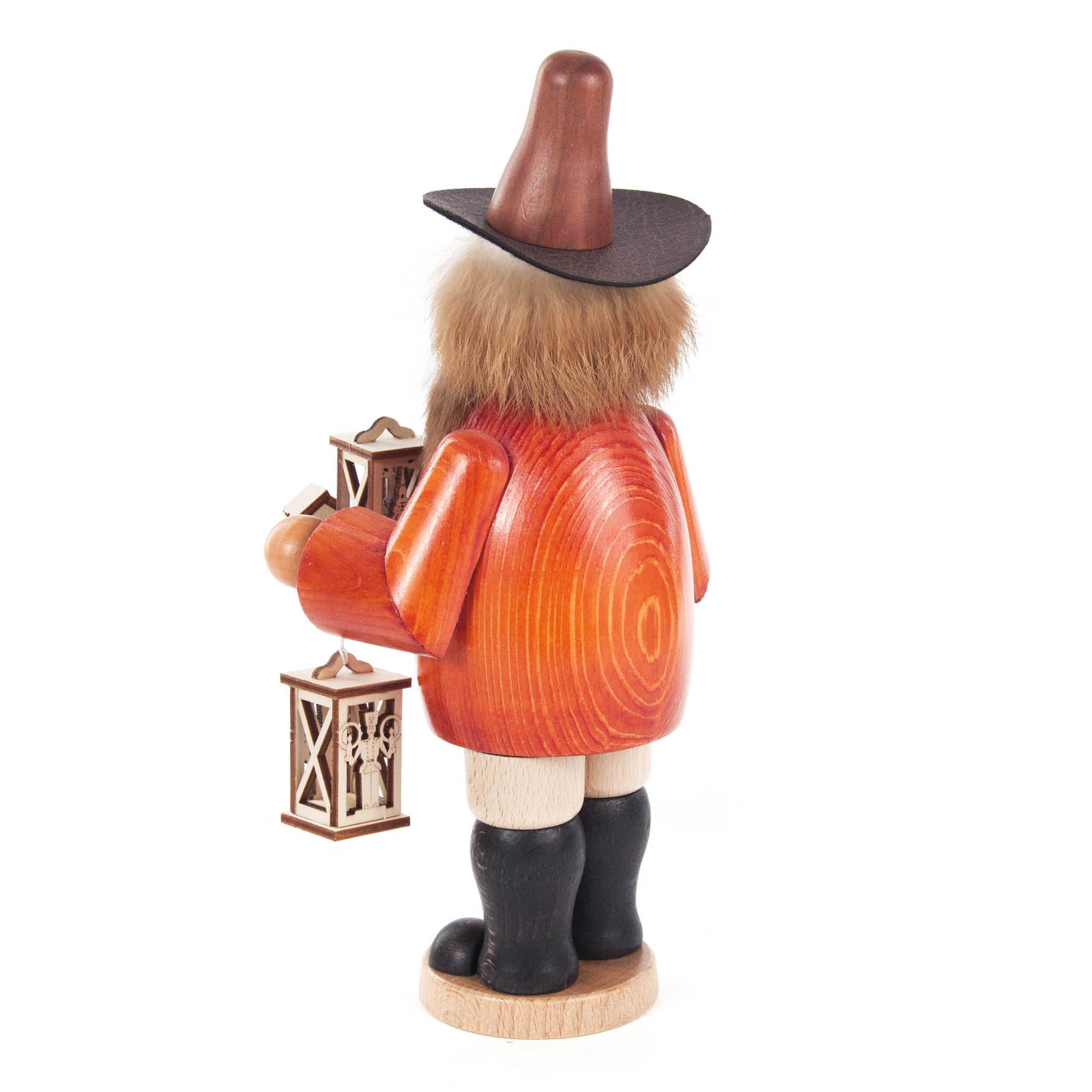 Ein traditioneller Räuchermann in Form eines Laternenhändlers mit rotem Mantel und braunem Hut, der zwei Laternen in den Händen hält.