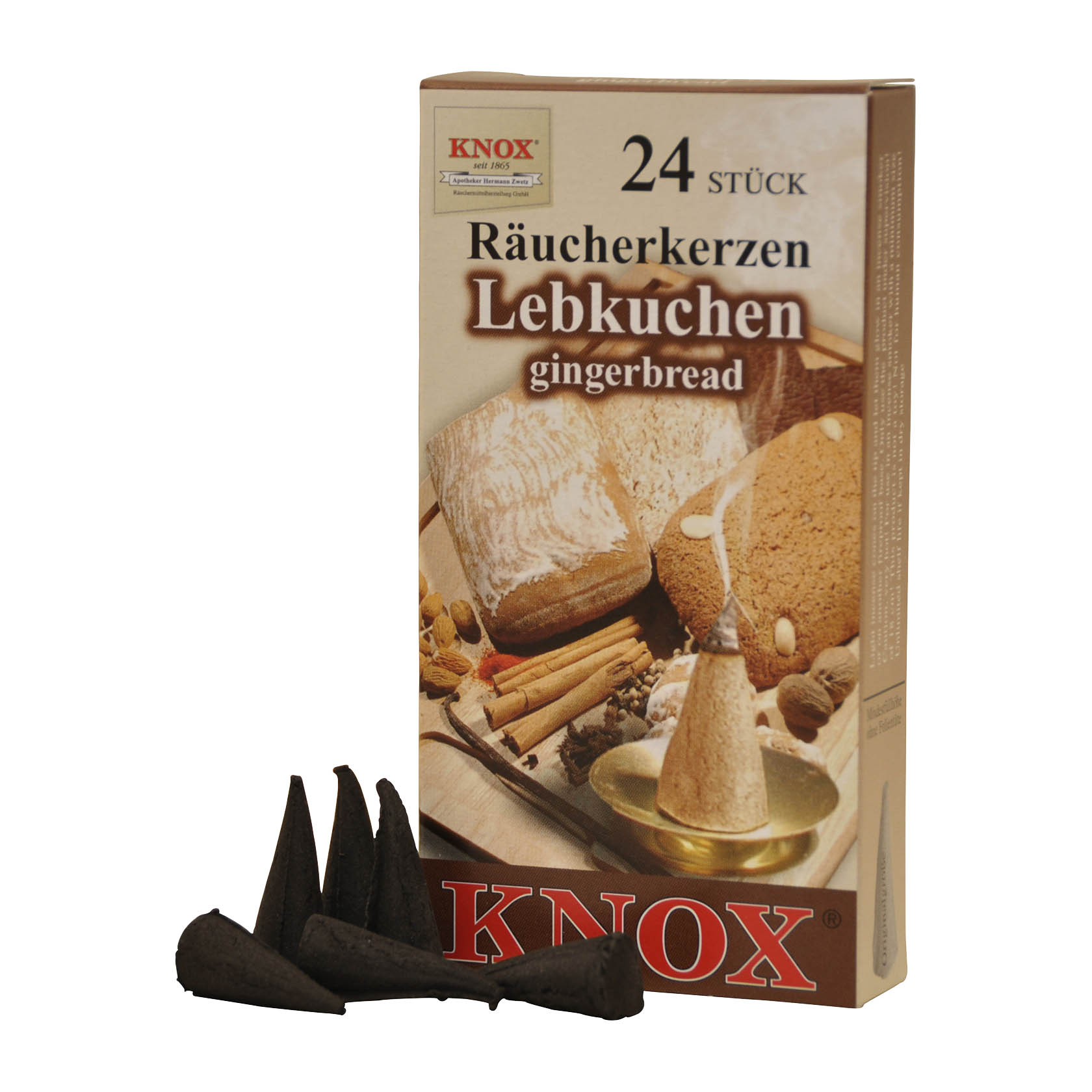 Verpackung von KNOX Räucherkerzen mit Lebkuchen-Duft und drei Räucherkerzen in Kegelform, von denen zwei abgebrannt sind. im Dregeno Online Shop günstig kaufen