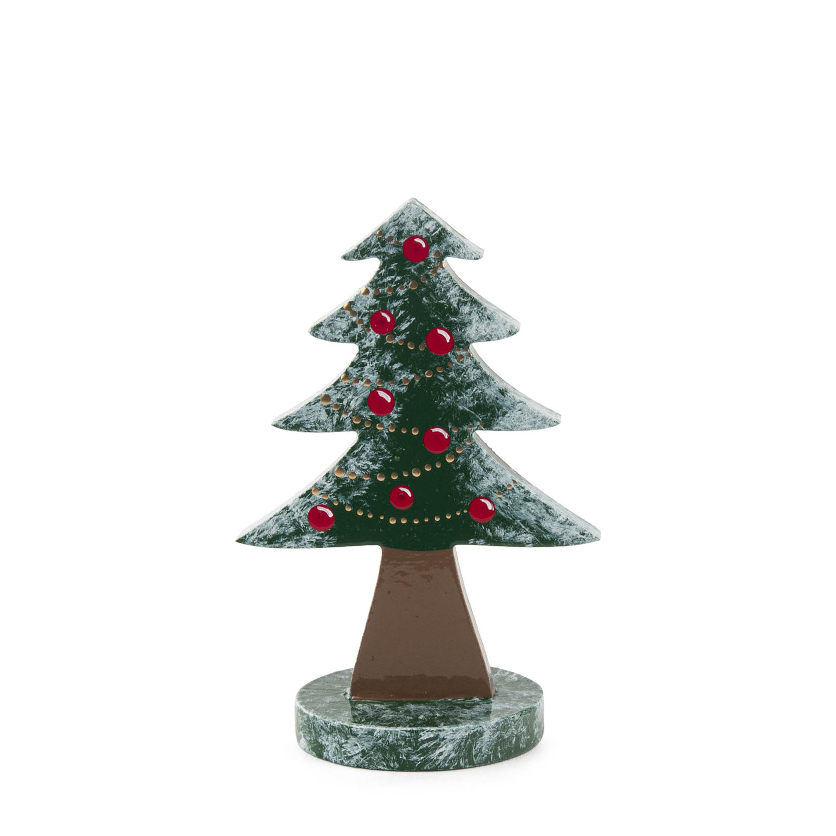 Kleiner flacher Weihnachtsbaum aus Holz, 8 cm hoch, grün bemalt mit roten Kugeln verziert, auf einem runden Standfuß befestigt. im Dregeno Online Shop günstig kaufen