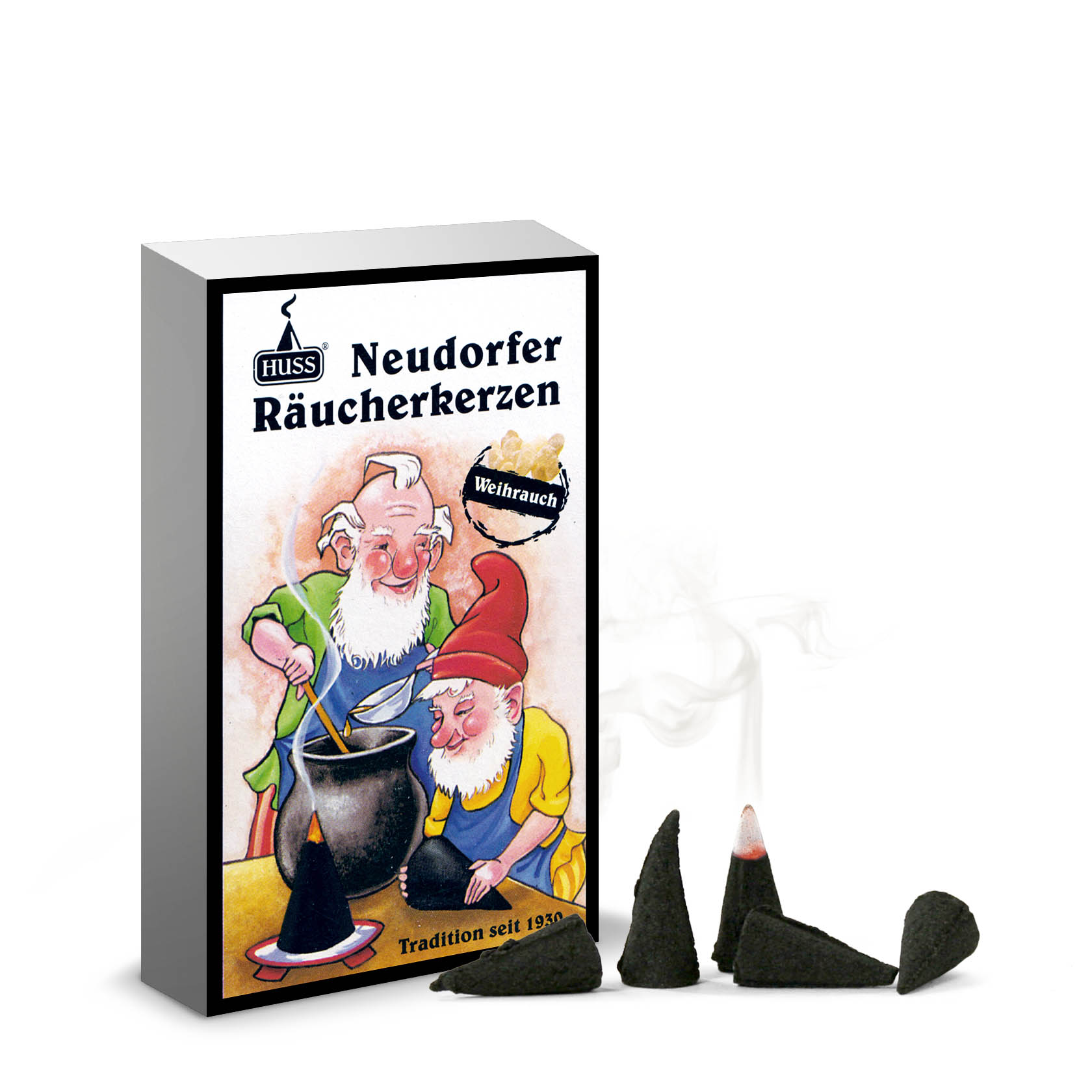 A package of Neudorfer Räucherkerzen incense cones with two gnomes preparing incense. Three cones are placed in front, one burning. im Dregeno Online Shop günstig kaufen
