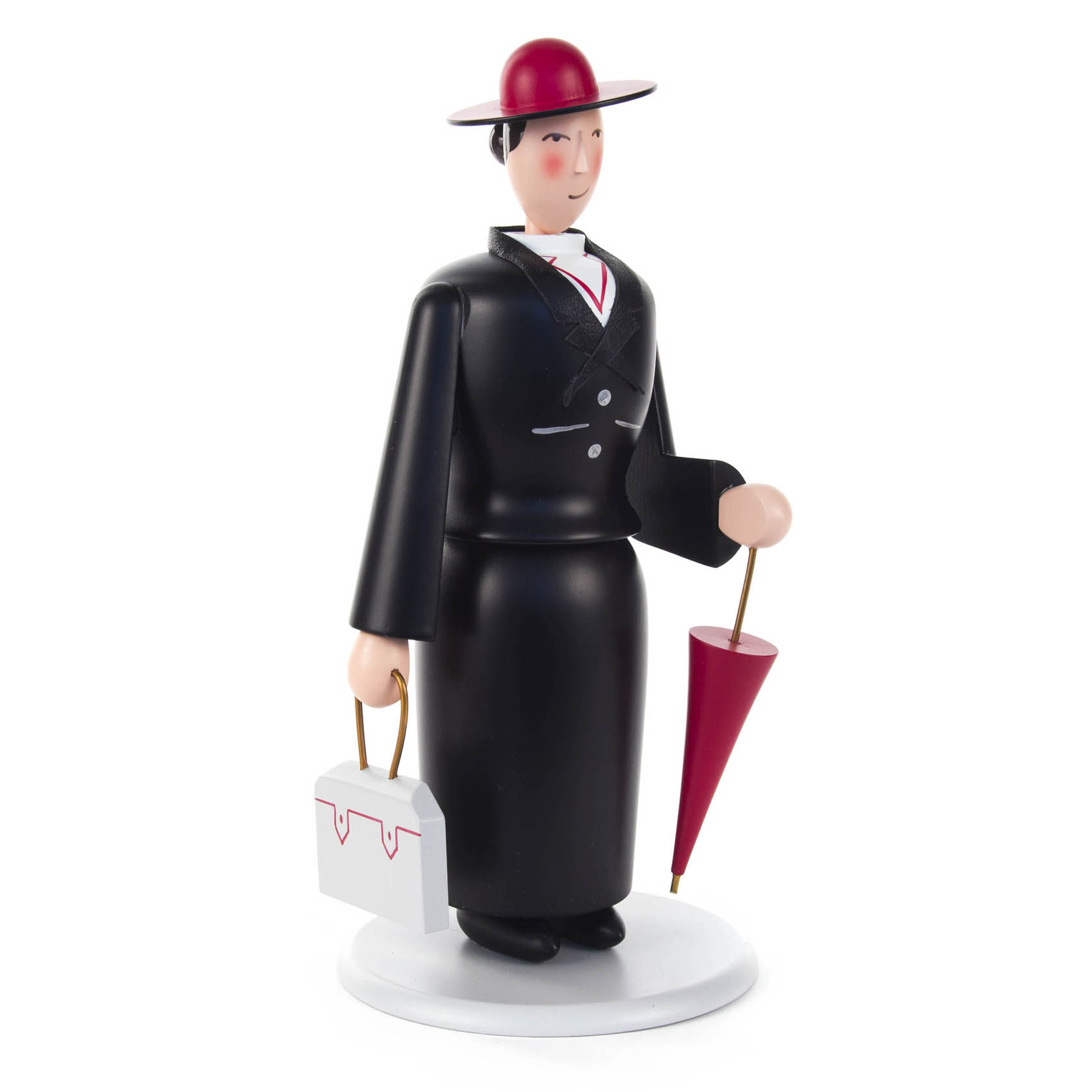 Räucherfigur in Form einer Frau als Finanzprüferin, mit rotem Hut, schwarzem Anzug, rotem Regenschirm und Aktentasche. im Dregeno Online Shop günstig kaufen