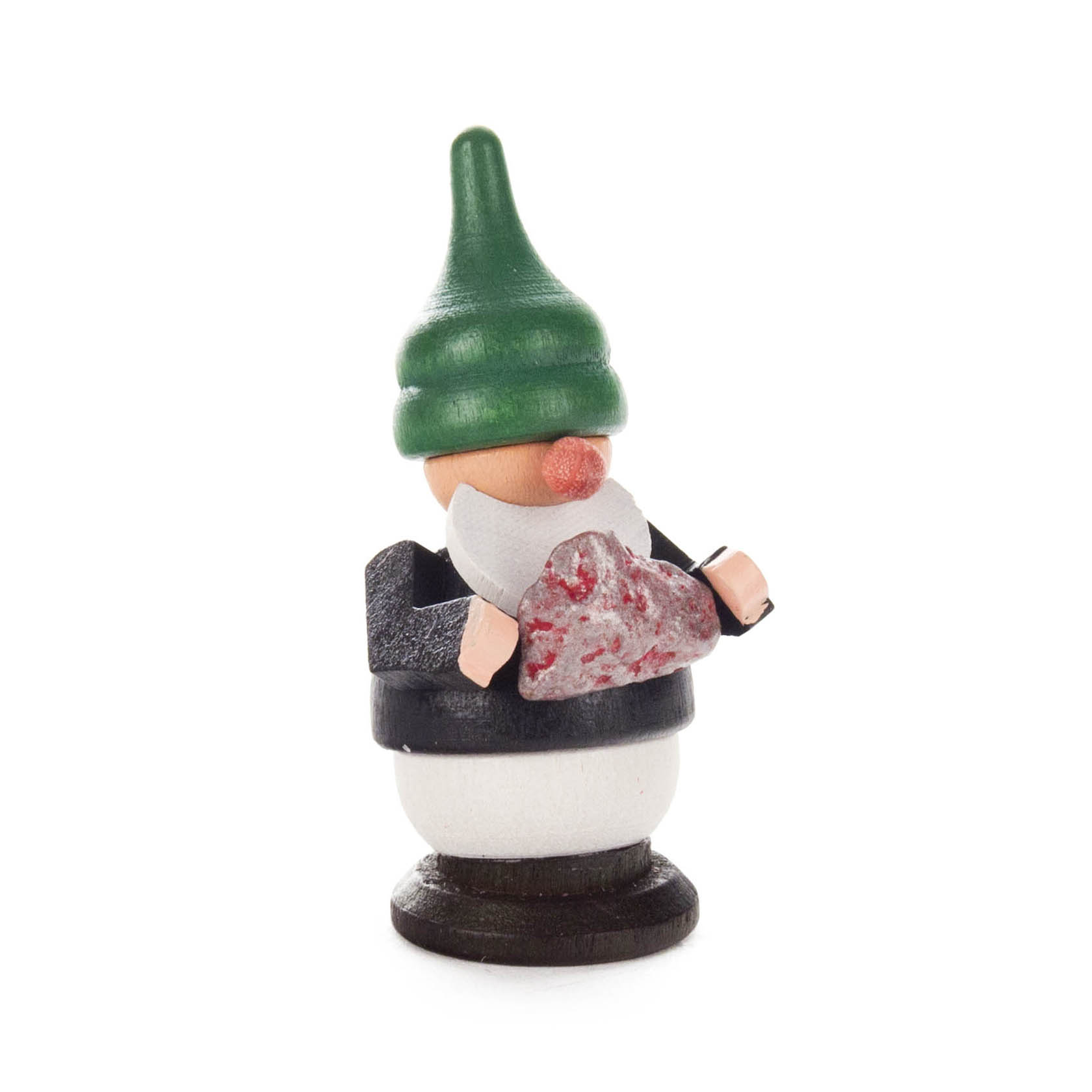 Holzfigur eines Bergwerkszwergs in grüner Mütze und schwarzem Mantel, hält ein Stück Erz in beiden Händen. im Dregeno Online Shop günstig kaufen