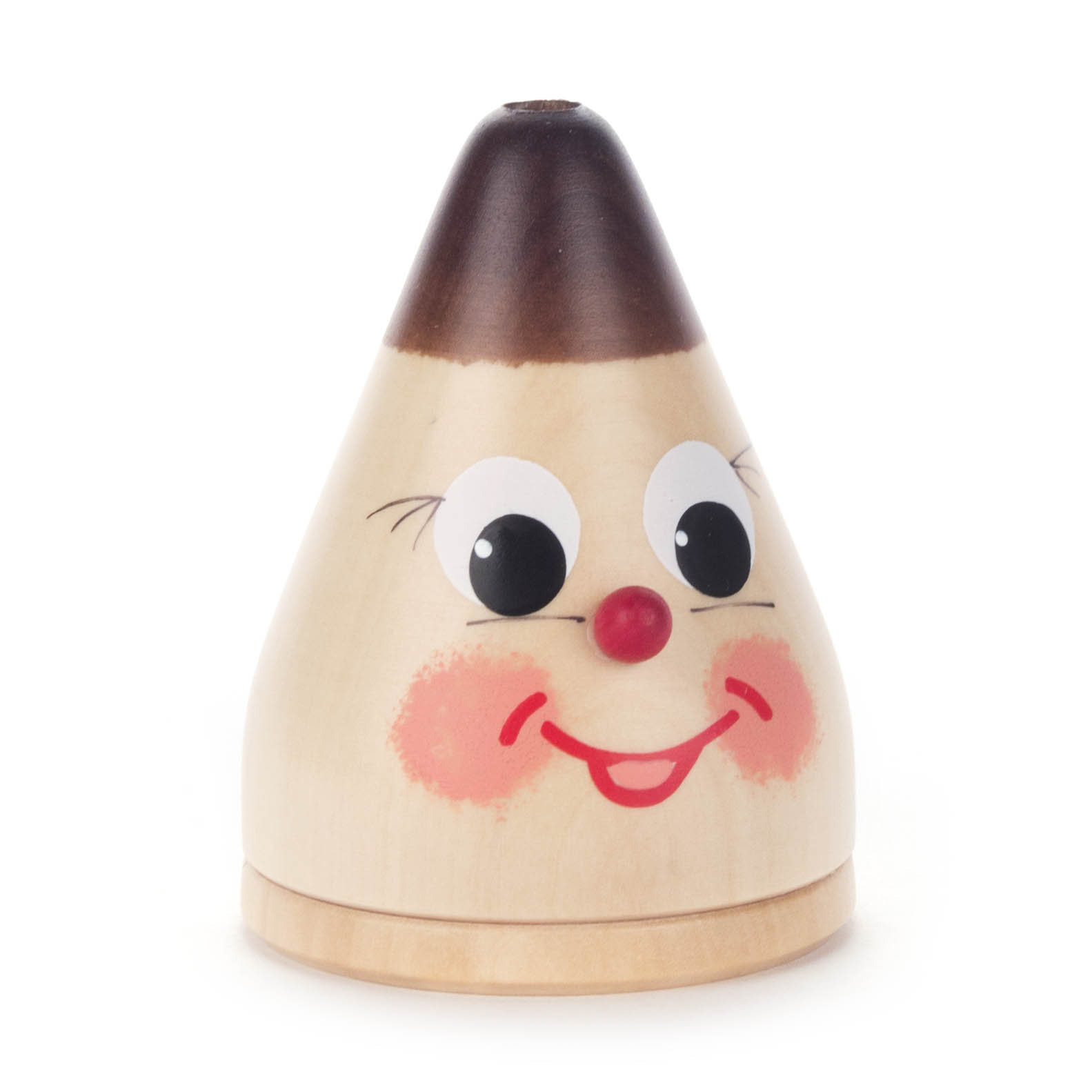 Holzfigur in Form einer lächelnden Räucherkerze, bemalt mit Gesichtszügen, roten Wangen und einer braunen Spitze. im Dregeno Online Shop günstig kaufen