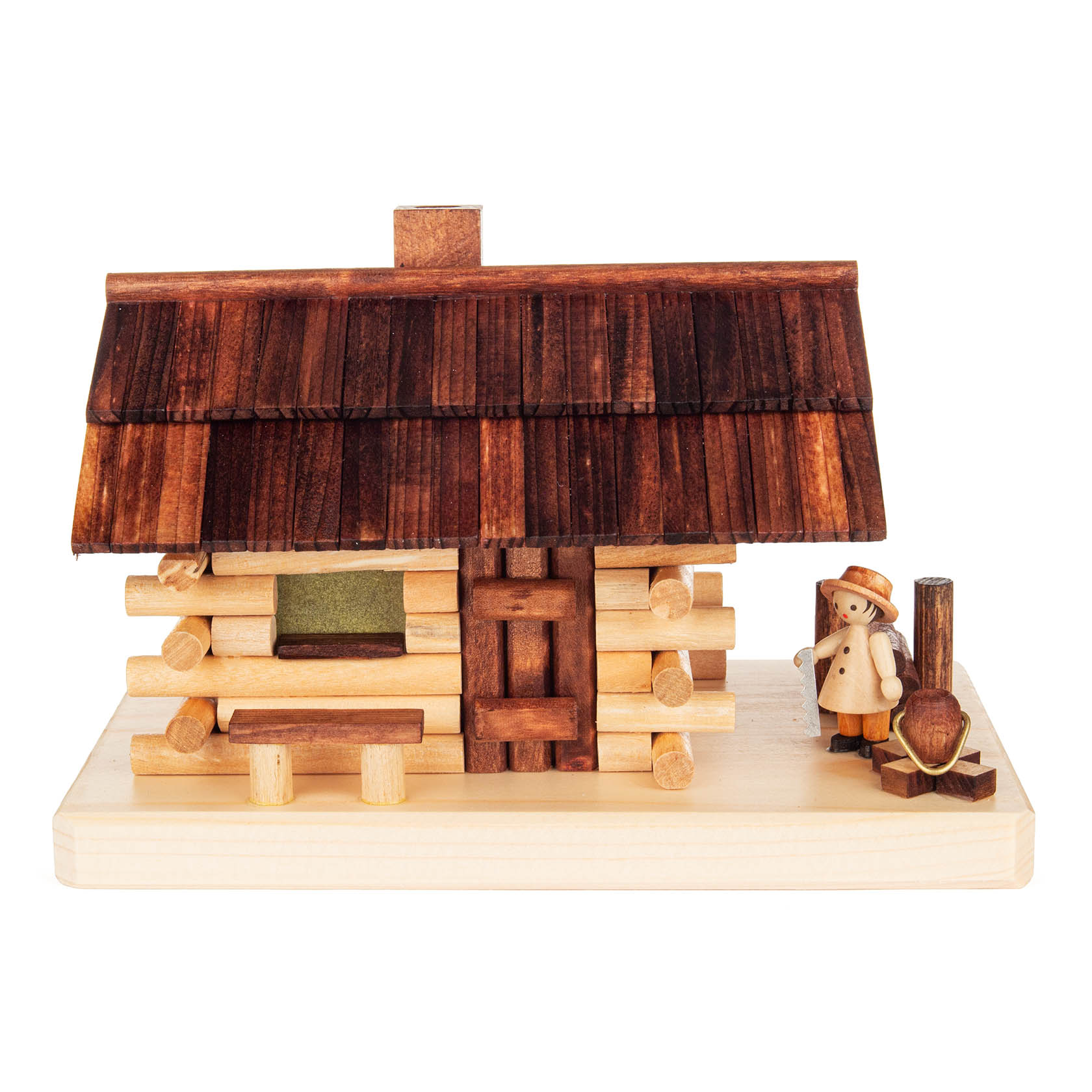 Wooden forest hut incense holder with a small chimney and a figure of a forest worker carrying an axe, wearing a hat and apron. im Dregeno Online Shop günstig kaufen