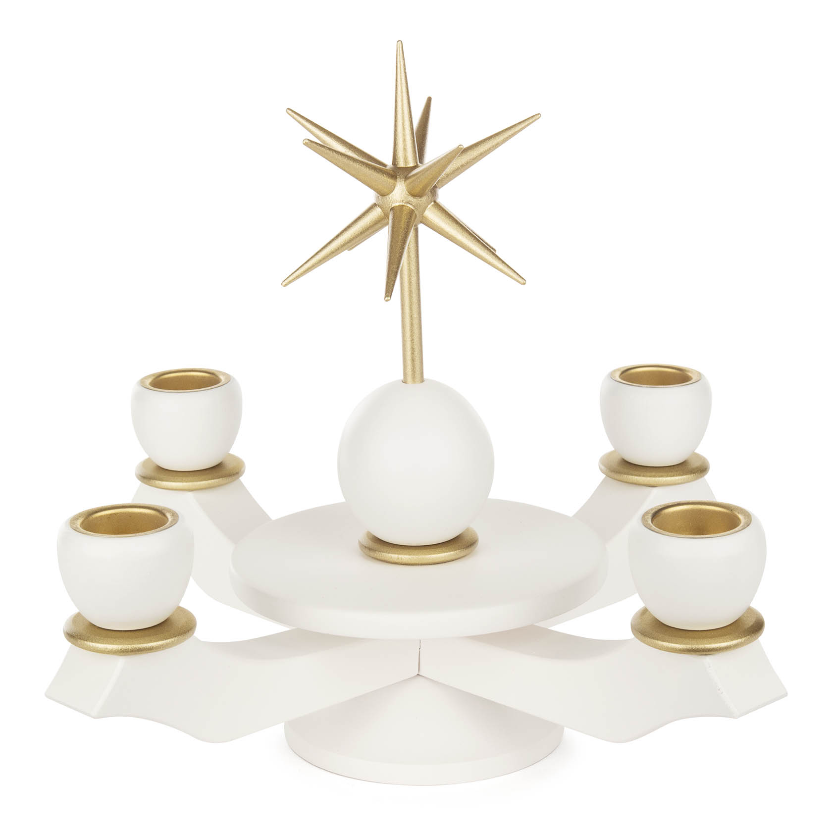 White advent candle holder with a golden star on top, designed to hold four wax candles with a diameter of 22 mm. im Dregeno Online Shop günstig kaufen