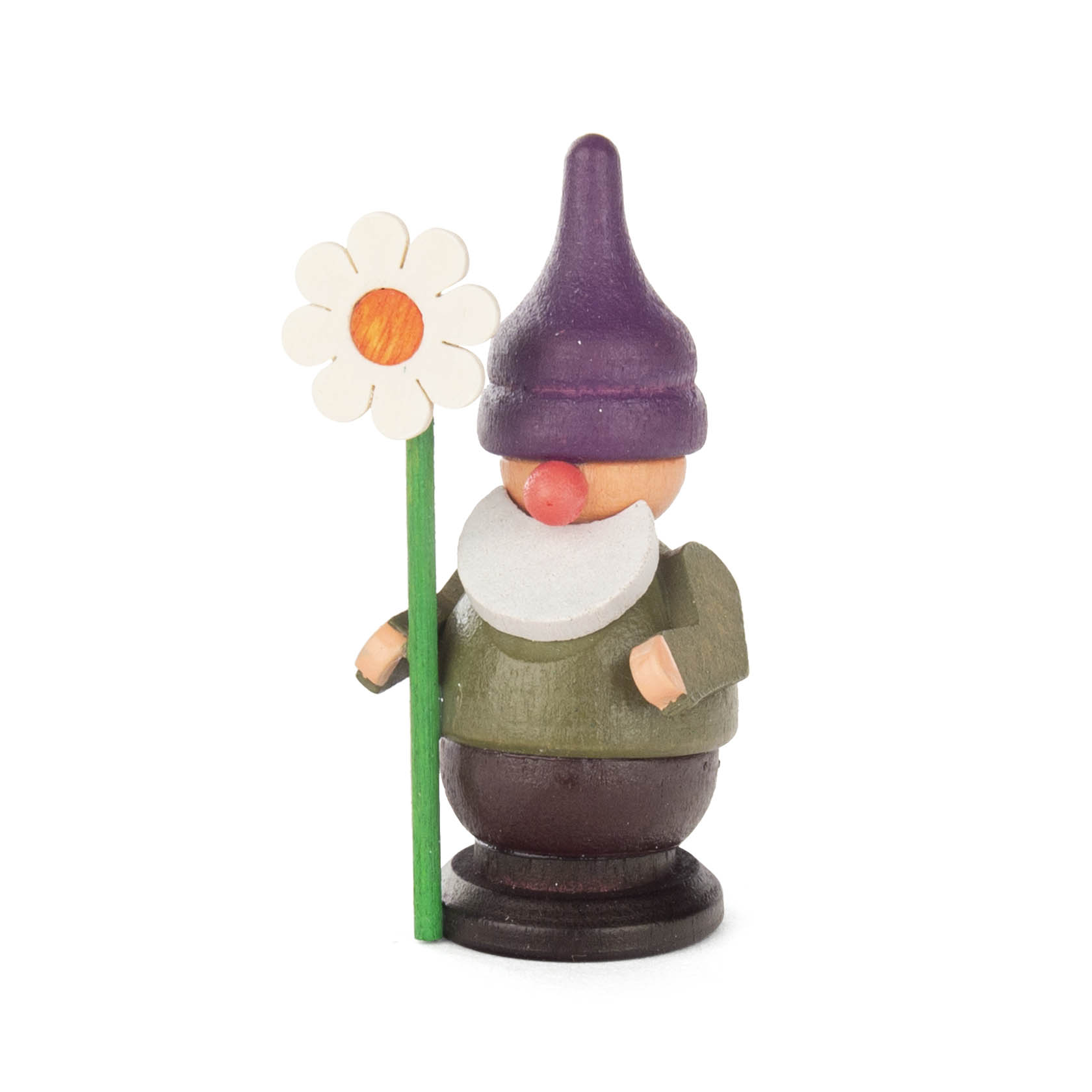 Holzfigur eines Zwergs mit einer lila Mütze und weißem Bart, der eine Margeritenblume in der Hand hält. im Dregeno Online Shop günstig kaufen