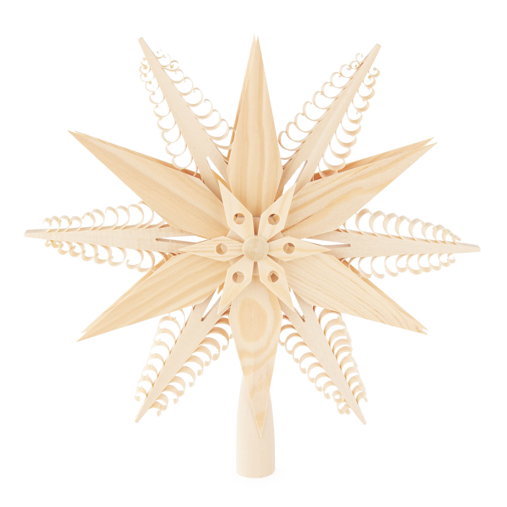 Handgefertigte Spanstern-Christbaumspitze aus naturbelassenem Holz, 24 cm Durchmesser, mit feinen Spiraldetails. im Dregeno Online Shop günstig kaufen