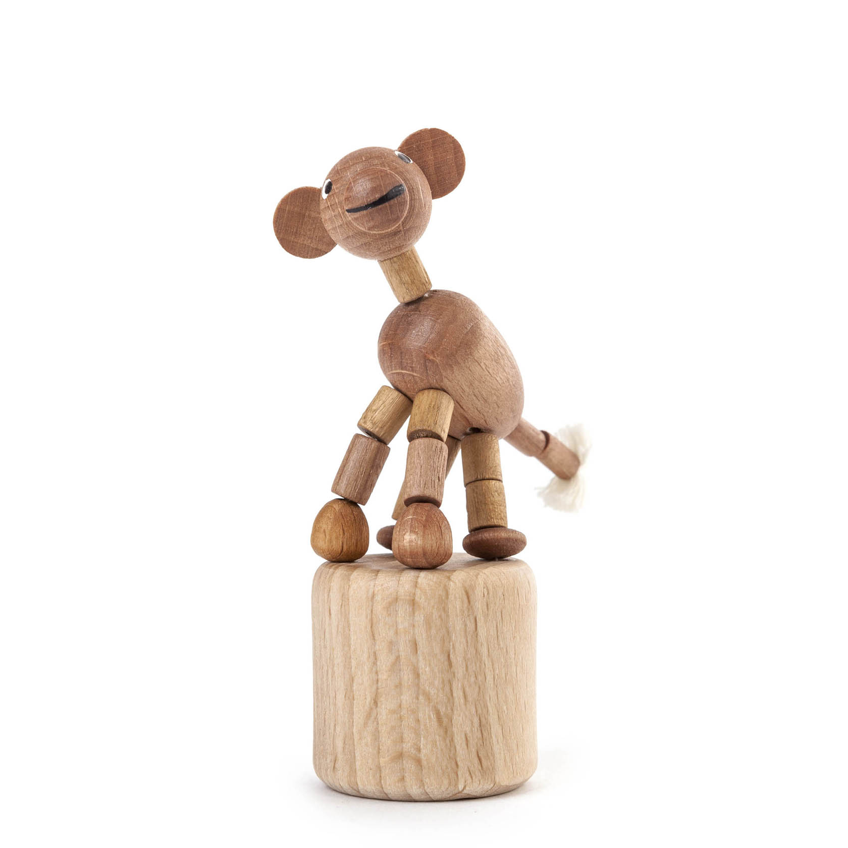 Holzwackeltier in Form eines Affen mit beweglichen Gelenken steht auf einem runden Sockel, der aus hellem Holz gefertigt ist. im Dregeno Online Shop günstig kaufen