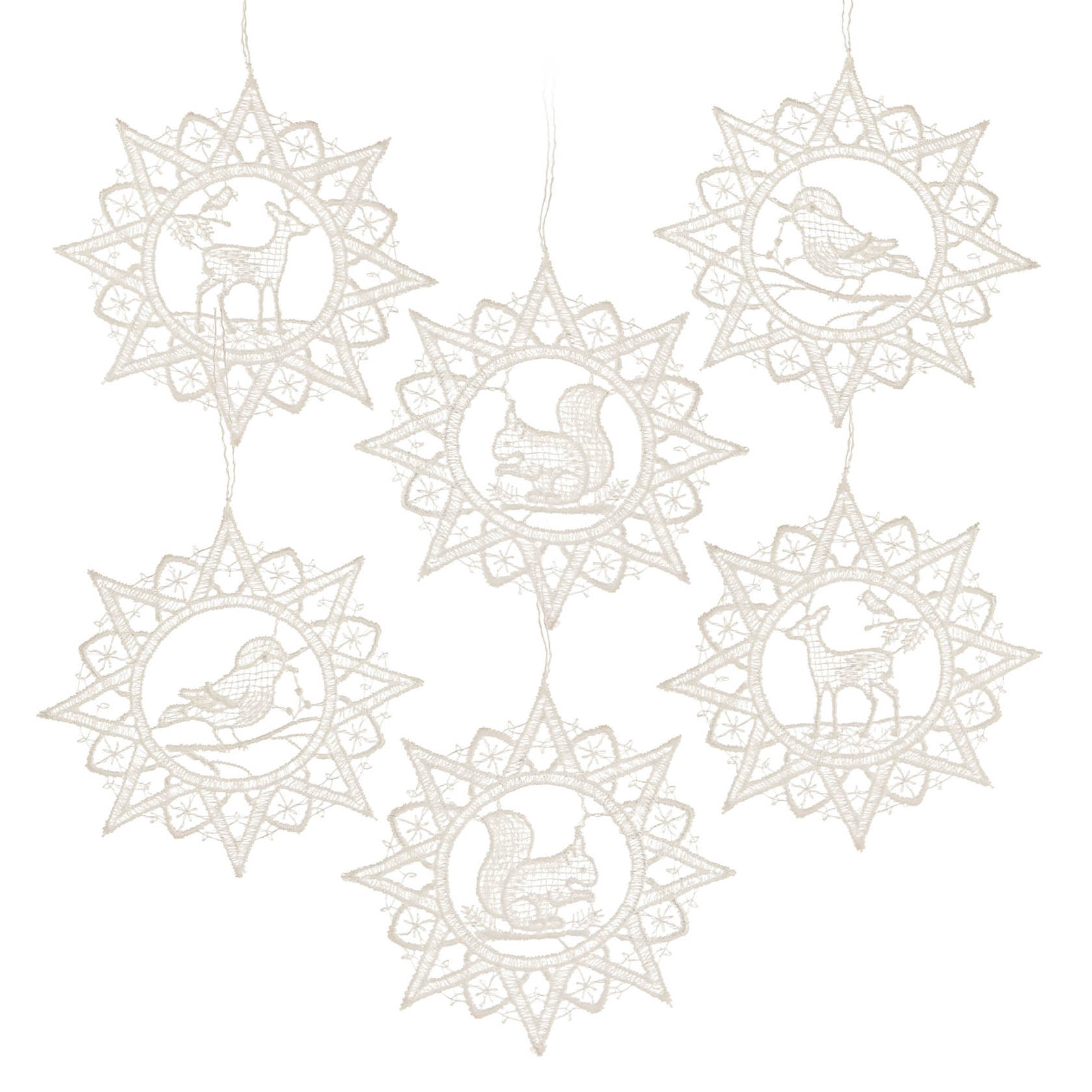 Six intricately embroidered star-shaped lace ornaments, each featuring an animal motif - a squirrel, a bird, and a deer.