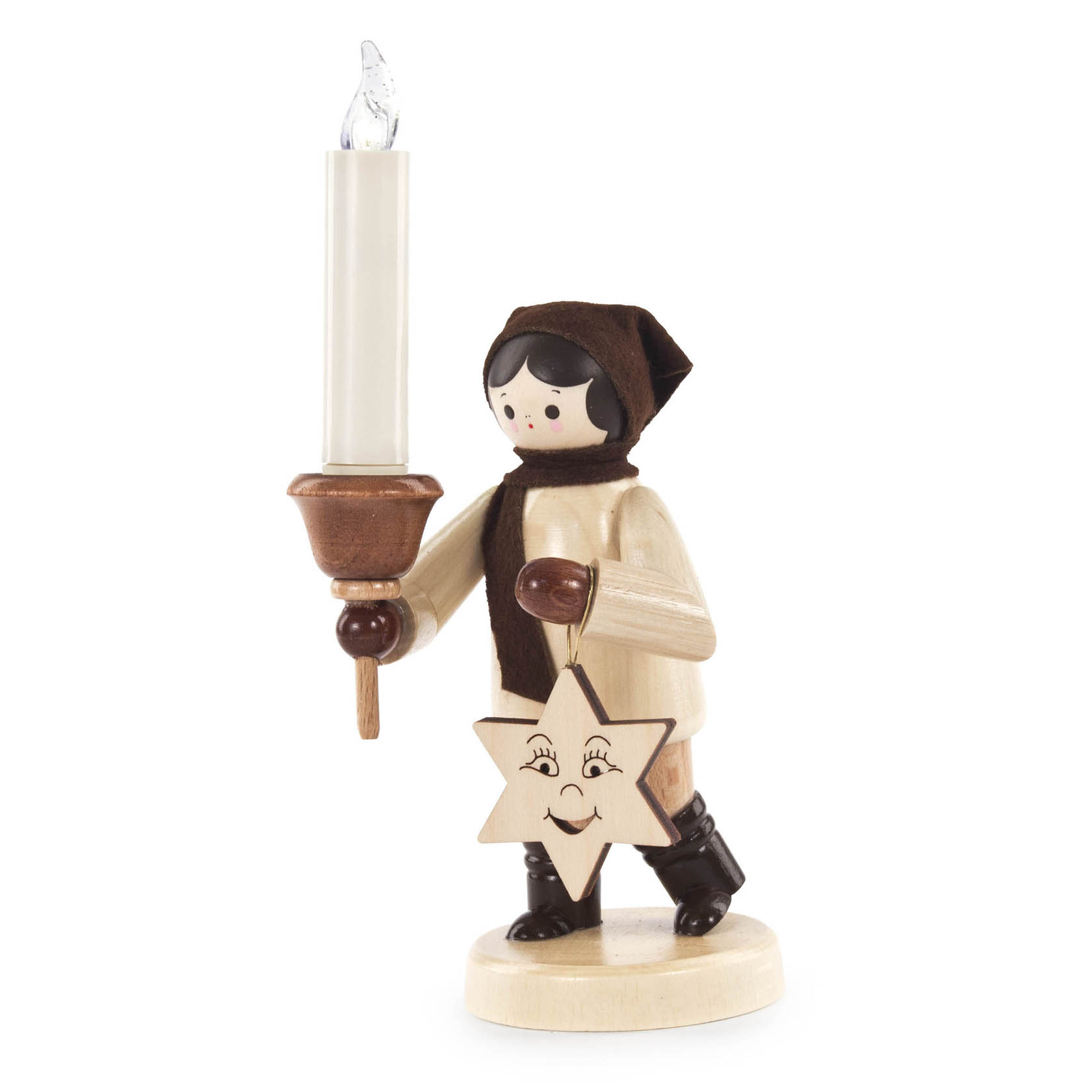Holzfigur eines Mädchens mit dunkler Winterkleidung, das einen Stern in der linken Hand und eine LED-Kerze in der rechten Hand hält. im Dregeno Online Shop günstig kaufen