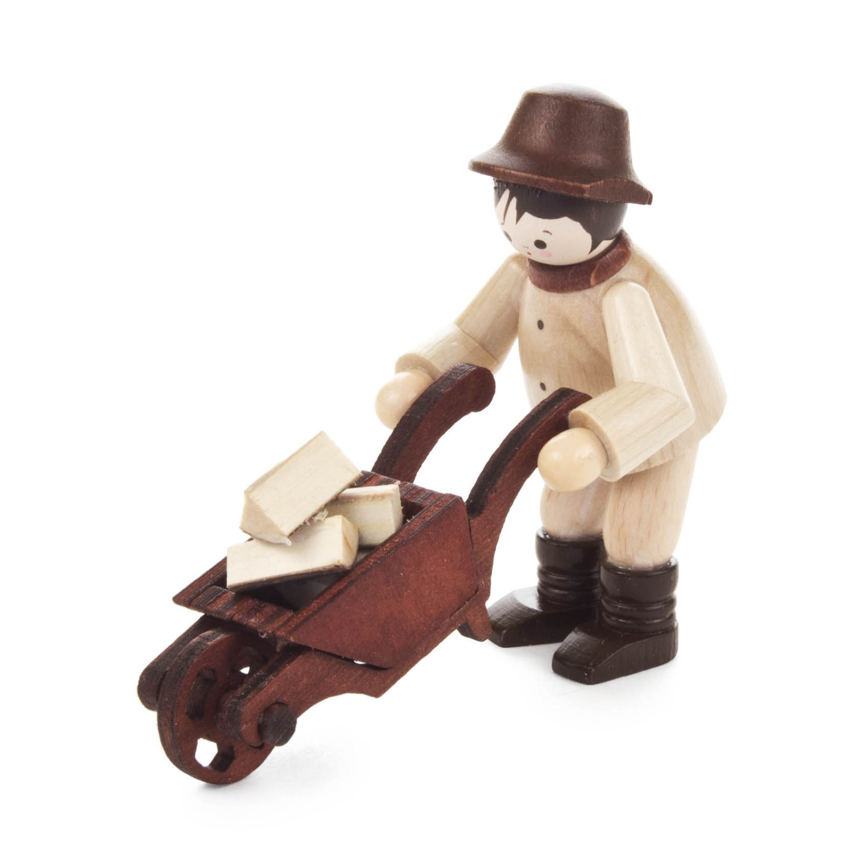 Holzfigur eines Mannes mit Hut, der eine braune Schubkarre mit Holzstücken schiebt. im Dregeno Online Shop günstig kaufen