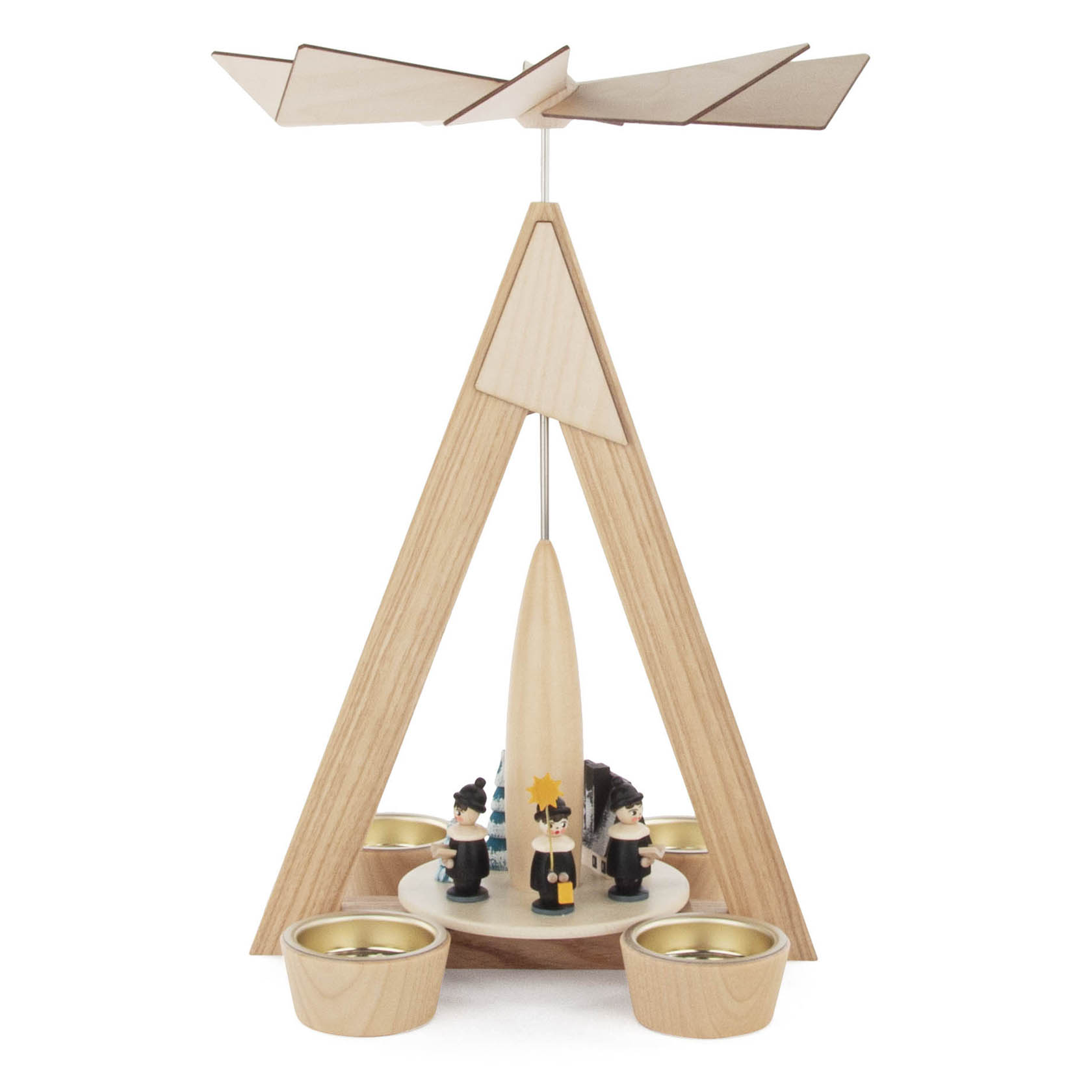 Holzpyramide aus Seiffen mit Kurrende-Figuren, naturfarben, für Teelichte, spitze Form, Drehteller mit handgefertigten Figuren. im Dregeno Online Shop günstig kaufen