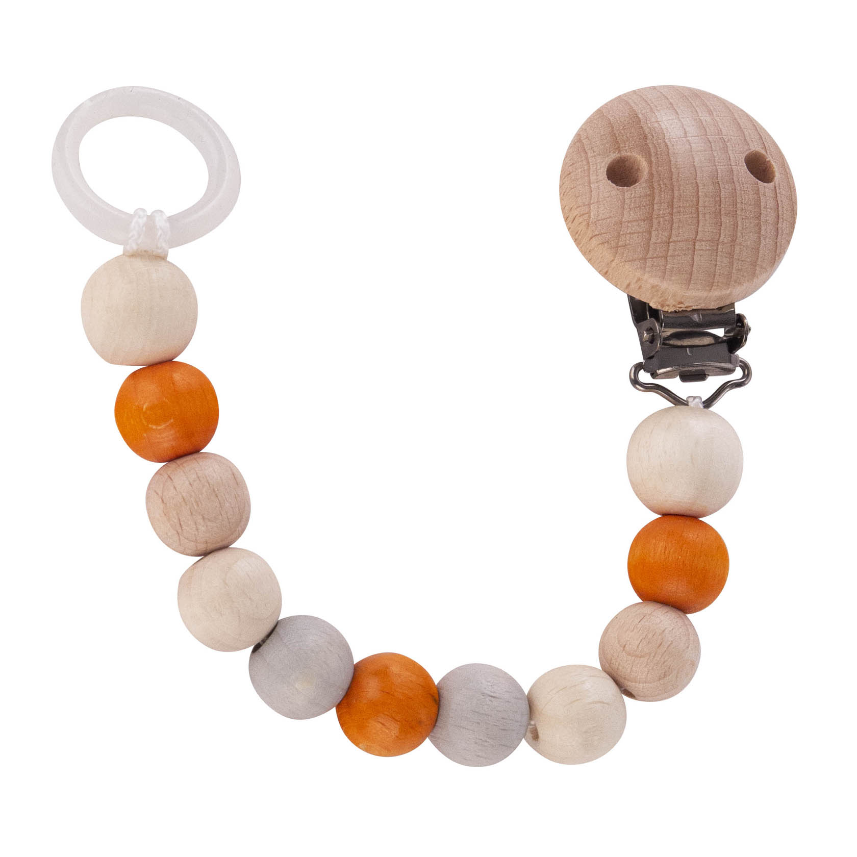 Schnullerkette aus Holz mit Perlen in Natur- und Orangetönen und einem Clip Ende. im Dregeno Online Shop günstig kaufen