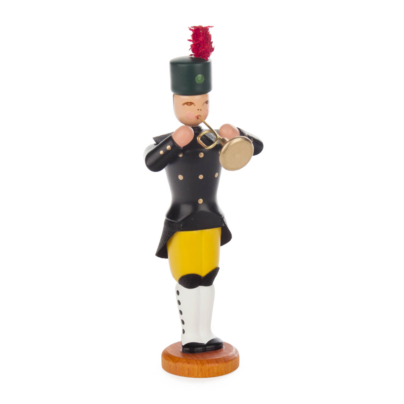 Holzfigur eines Bergmanns in traditioneller Uniform mit grüner Mütze und rotem Federbusch, hält eine Trompete in den Händen. im Dregeno Online Shop günstig kaufen