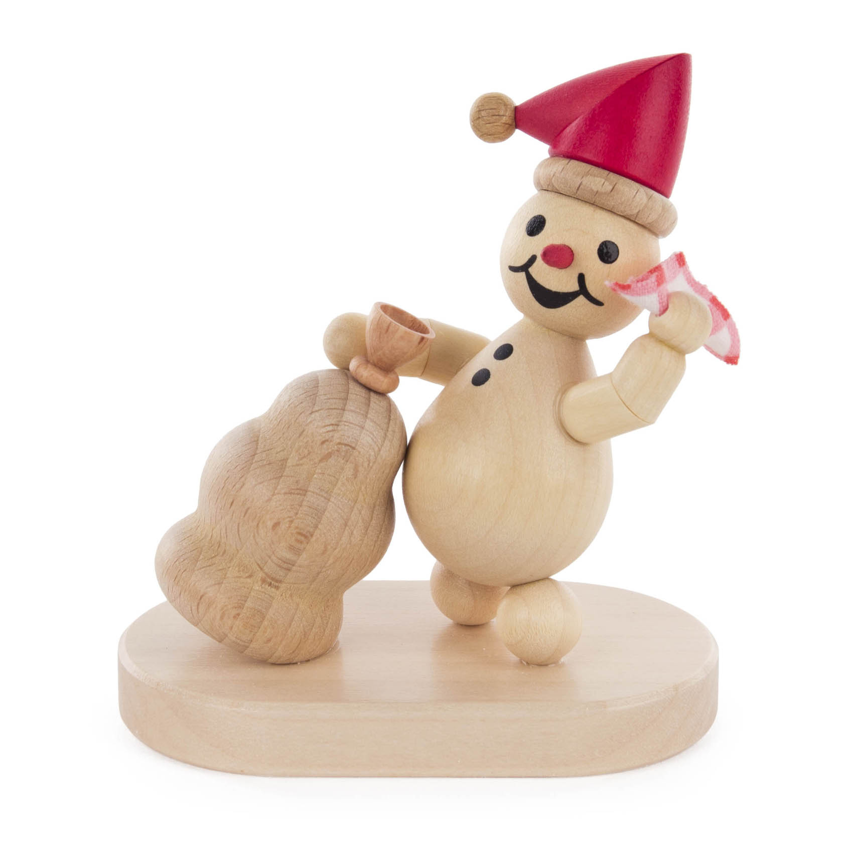 Holzfigur eines fröhlichen Schneemanns mit roter Zipfelmütze, der einen großen Sack und eine Geschenkschleife hält. im Dregeno Online Shop günstig kaufen