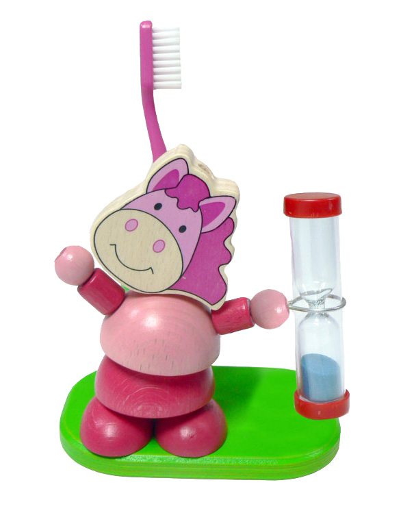 Eine bunte Zahnbürstenhalterung in Form eines rosa Holzpferds mit Sanduhr zur Zeitmessung neben dem Kopf. im Dregeno Online Shop günstig kaufen