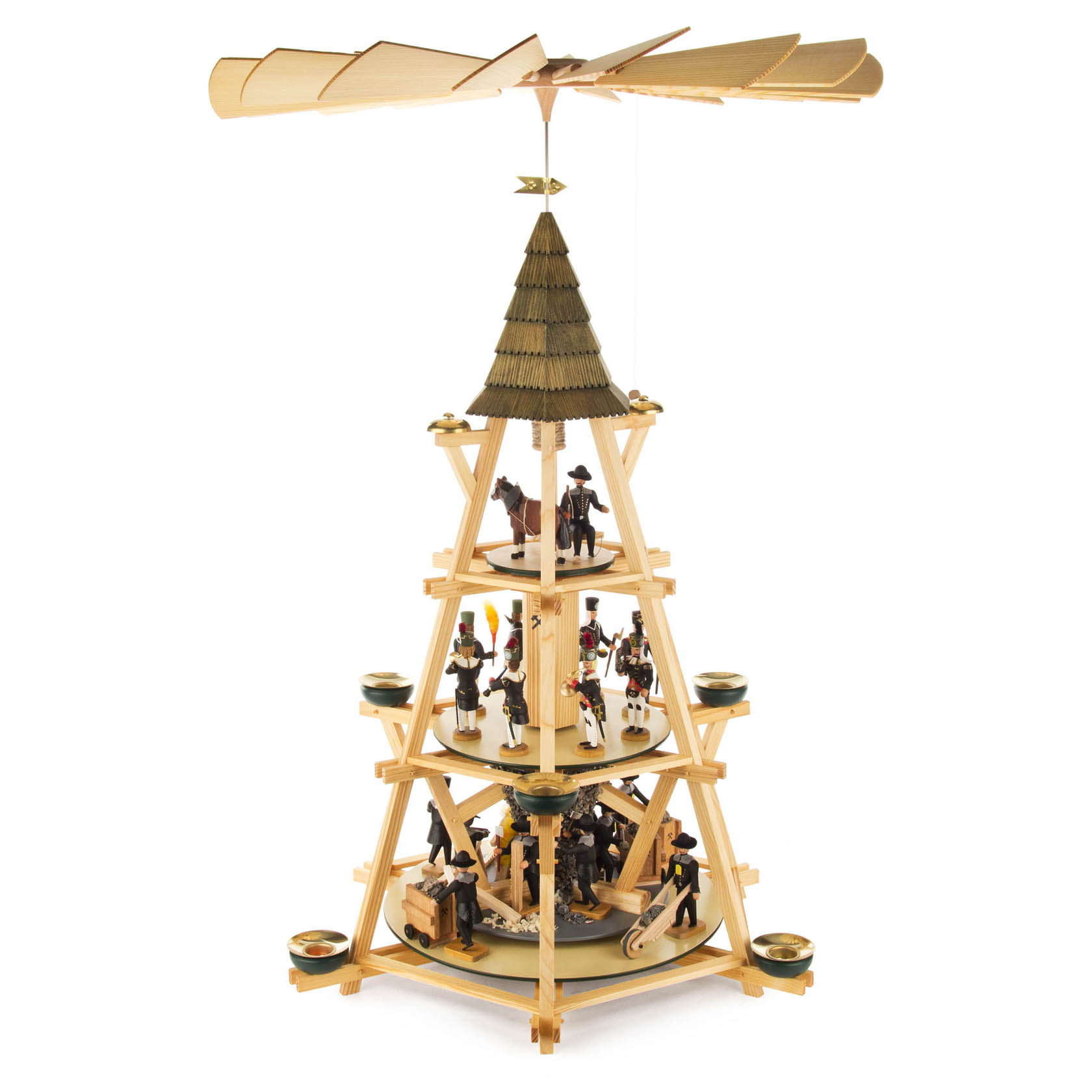 Dreistöckige Holzpyramide mit drehbaren Ebenen, auf denen Bergleute und ihre Werkzeuge dargestellt sind. Oben mit einem Flügelrad für Kerzenbetrieb. im Dregeno Online Shop günstig kaufen