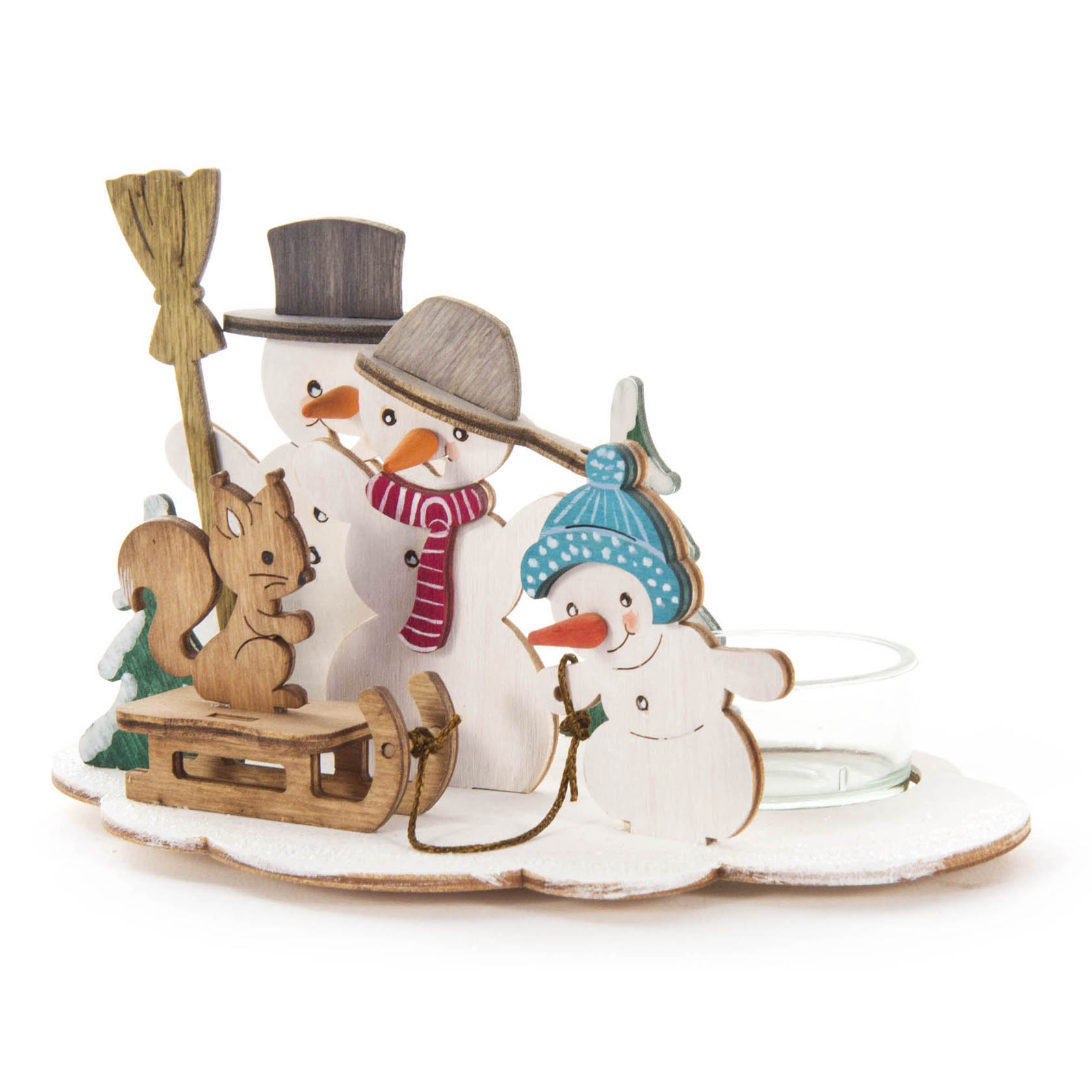 Wooden tea light holder featuring three snowmen: one holding a broom, another pulling a sleigh with a squirrel, and one wearing a blue hat and scarf.