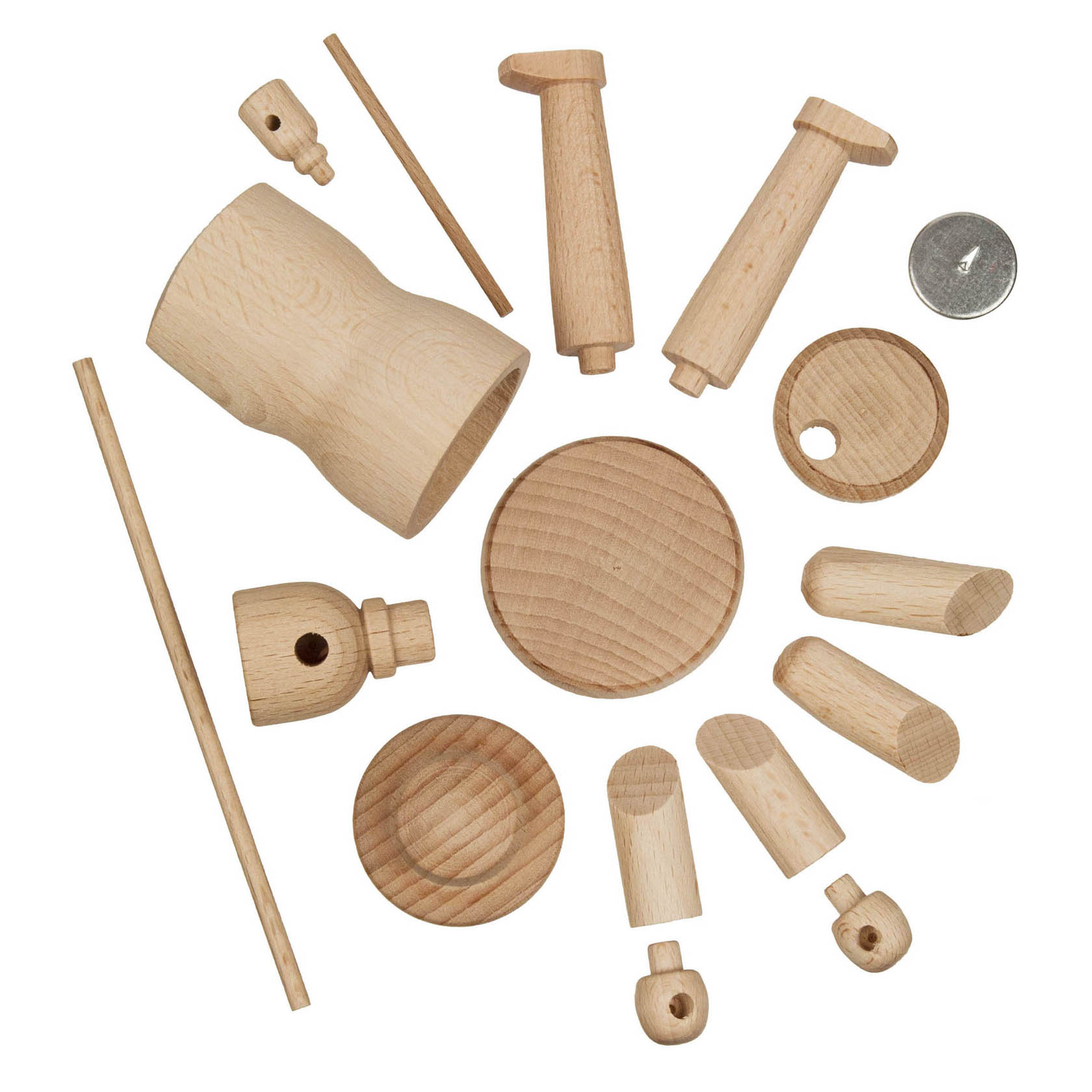 Ein Bastelset mit Holzstücken für ein Räuchermännchen in Form eines Schäfers, darunter bestehen die Teile aus Körper, Armen, Kopf und Zubehör.