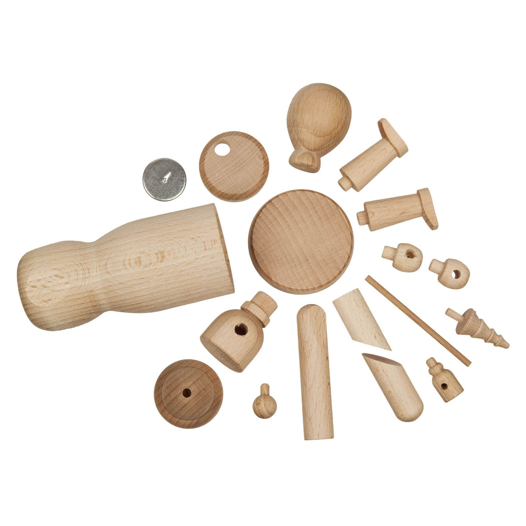 Ein Bastelset mit verschiedenen unlackierten Holzteilen, die zusammen einen Räuchermännchen-Weihnachtsmann ergeben. Teile umfassen Körper, Kopf und kleine Zubehörteile.