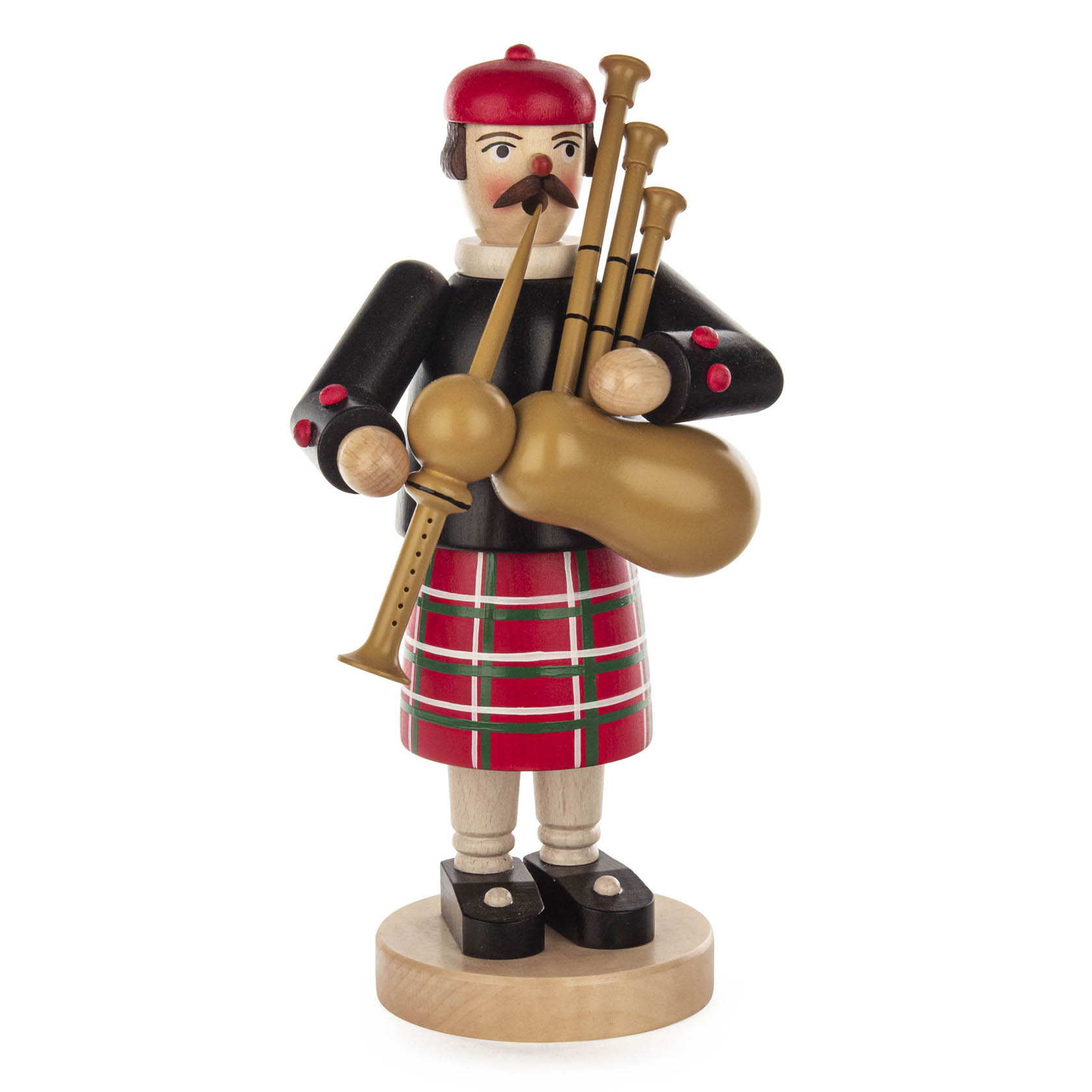 Holzfigur eines Räuchermanns in traditioneller schottischer Tracht mit Dudelsack und roter Mütze. im Dregeno Online Shop günstig kaufen