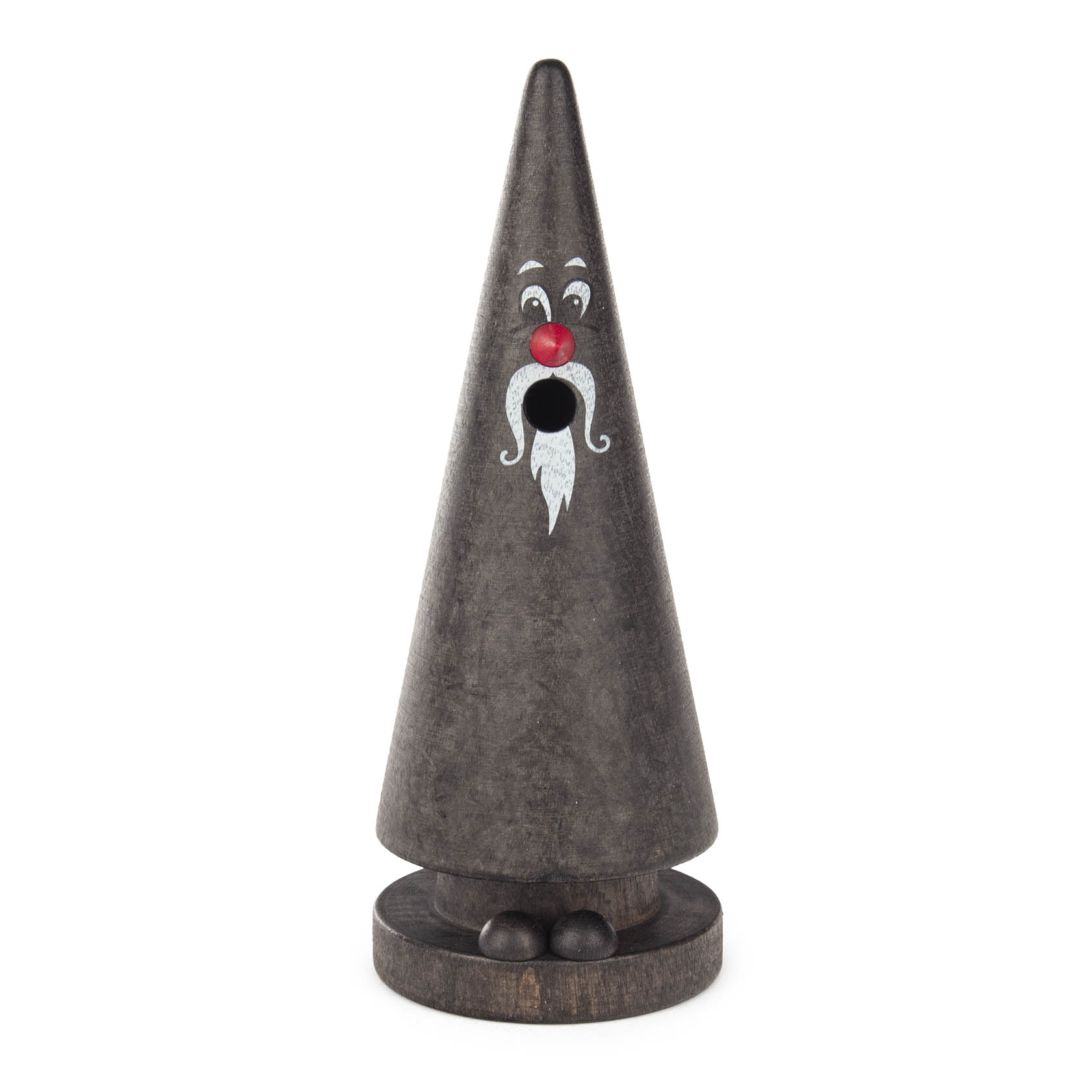 Die Räucherfigur 'Karli König' aus Ziegenbein ist grau, hat eine konische Form, weiße Augenbrauen und Bart und eine rote Nase. im Dregeno Online Shop günstig kaufen