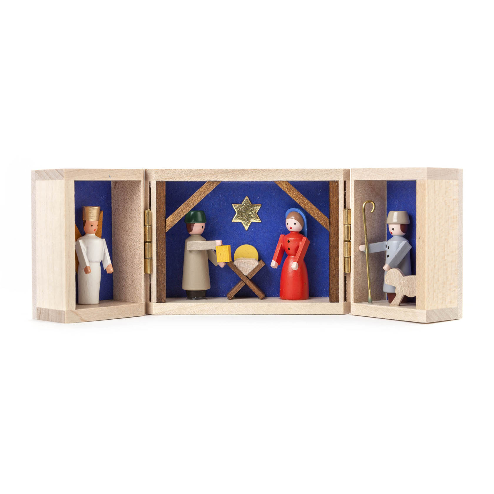 Holzkrippenschrein mit drei Figuren: Maria in Rot, Josef in Grau mit Stab und ein Weiser in Grün mit Geschenk. In der Mitte liegt Jesus in der Krippe. im Dregeno Online Shop günstig kaufen
