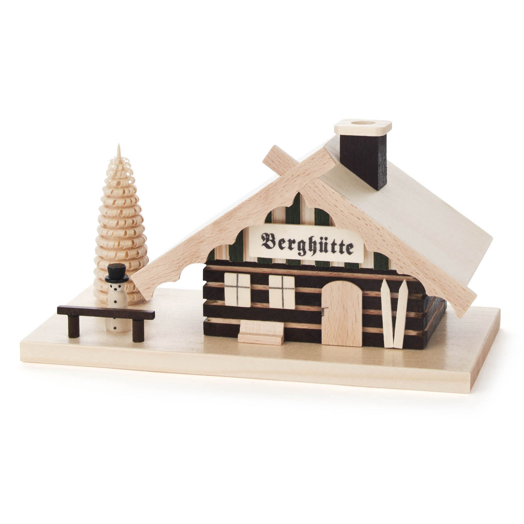 Holzmodell einer Berghütte mit Schornstein, einem kleinen Holzschneemann und einem Tannenbaum zum Räuchern. im Dregeno Online Shop günstig kaufen
