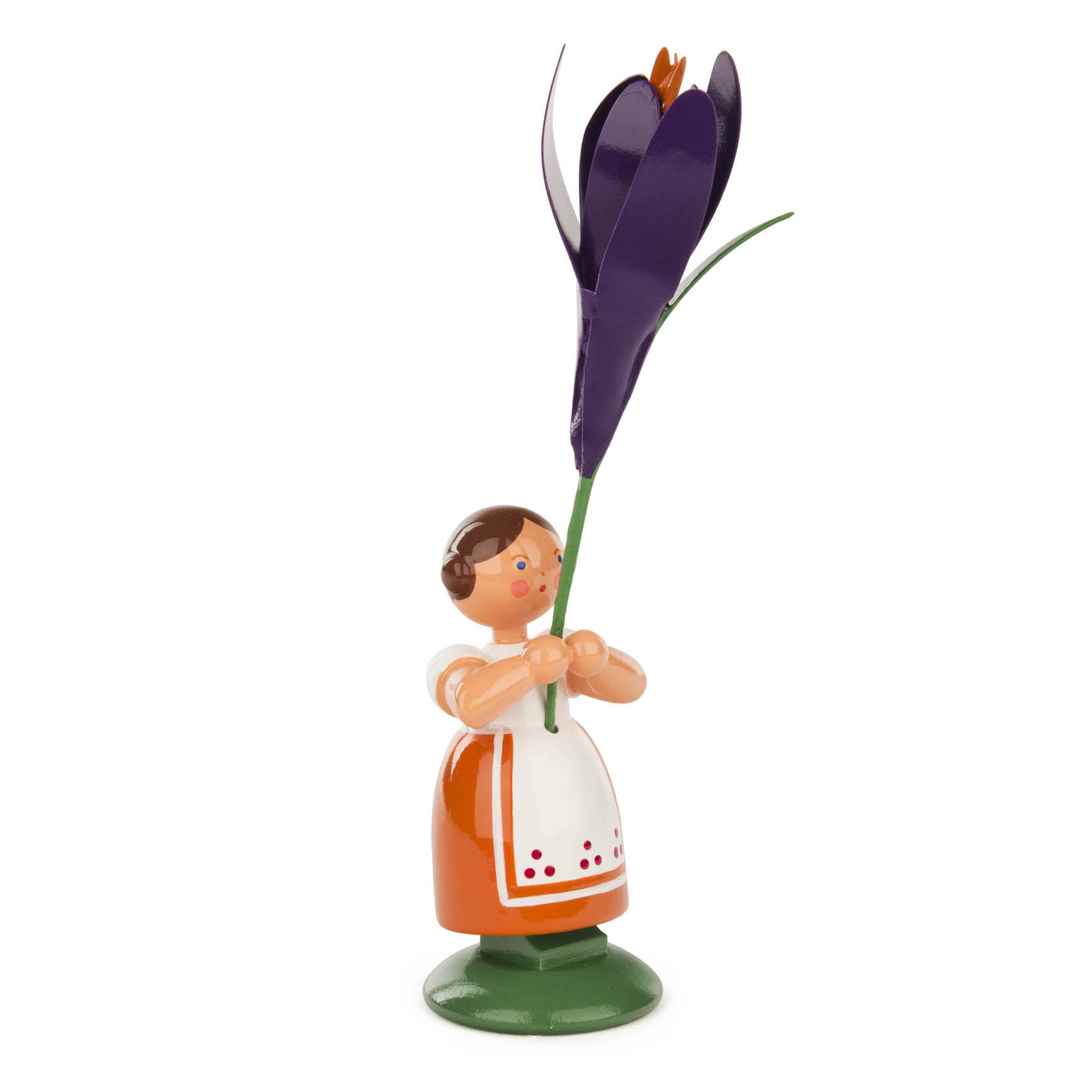 Holzfigur eines Mädchen in traditioneller Kleidung, das einen großen lila Krokus hält. im Dregeno Online Shop günstig kaufen