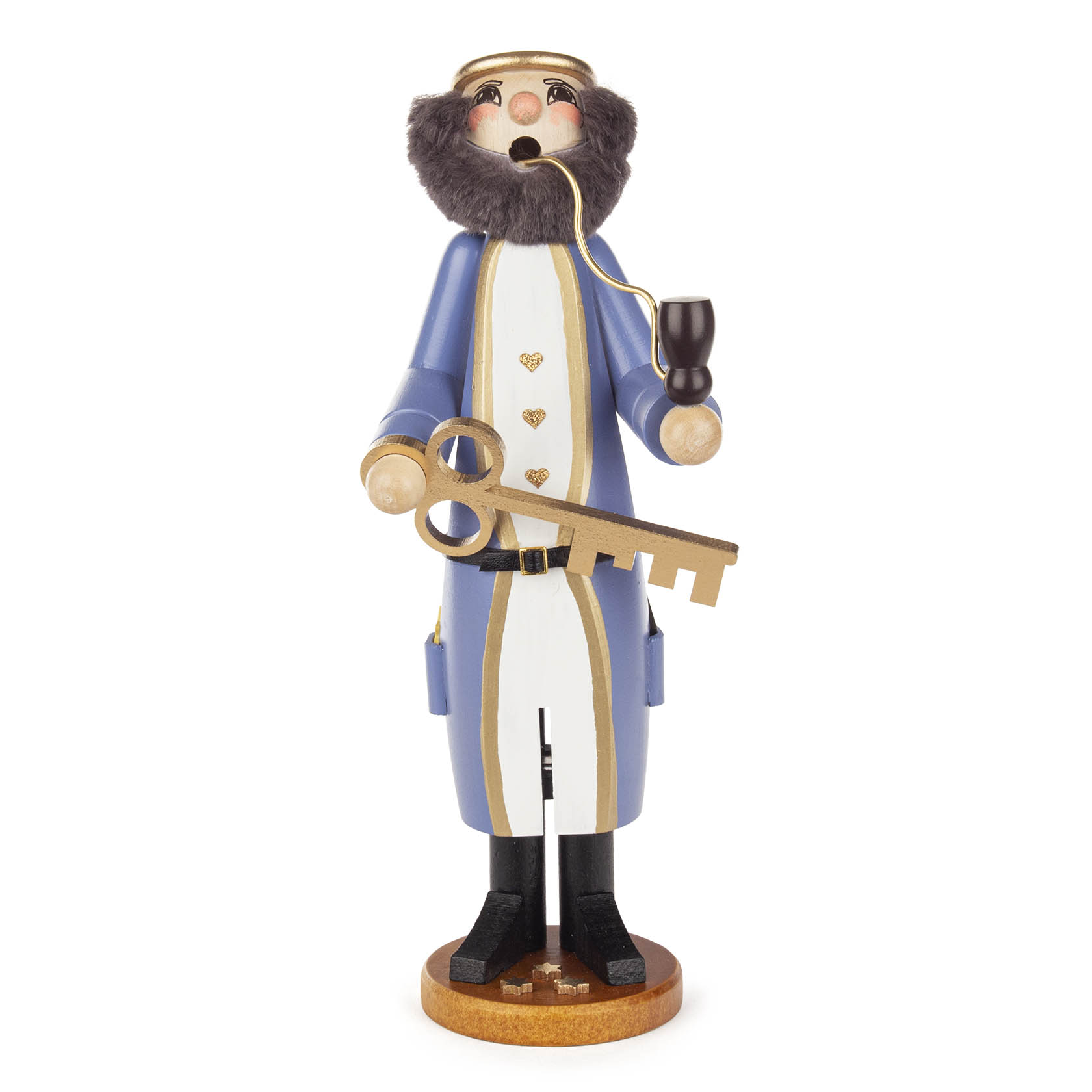 Smoker figure of Saint Peter with a halo, holding a key and a pipe, dressed in blue robe with golden details, and standing on a round base. im Dregeno Online Shop günstig kaufen
