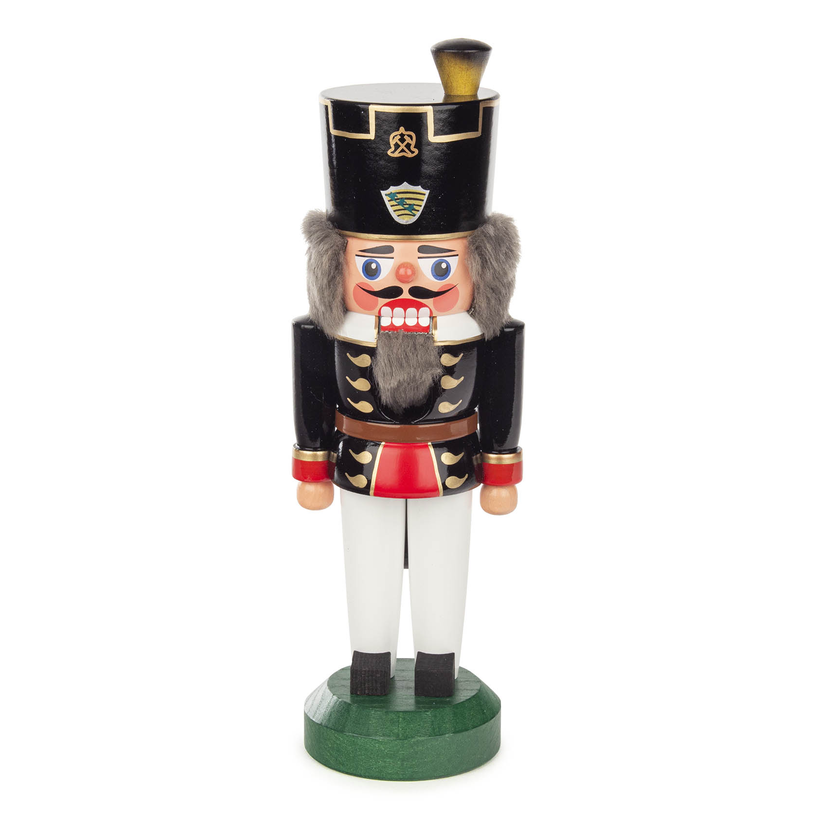 A 24cm black-and-white nutcracker in a traditional miner's uniform, with a tall hat and fur detail, standing on a green base. im Dregeno Online Shop günstig kaufen