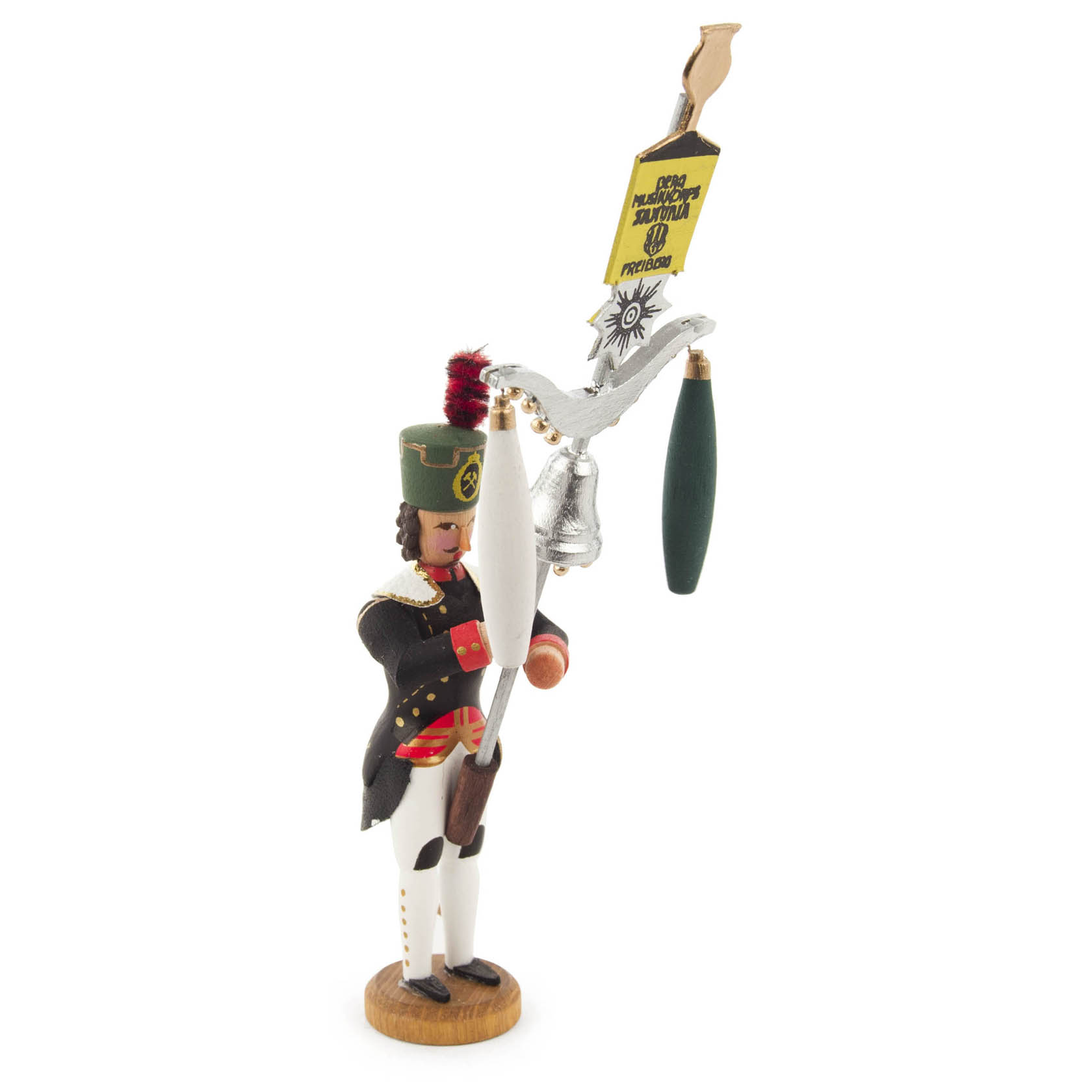 Holzfigur eines Bergmanns in traditioneller Uniform, der einen Schellenbaum trägt. Der Bergmann hat eine grüne Hutkrempe und einen roten Federbusch. im Dregeno Online Shop günstig kaufen