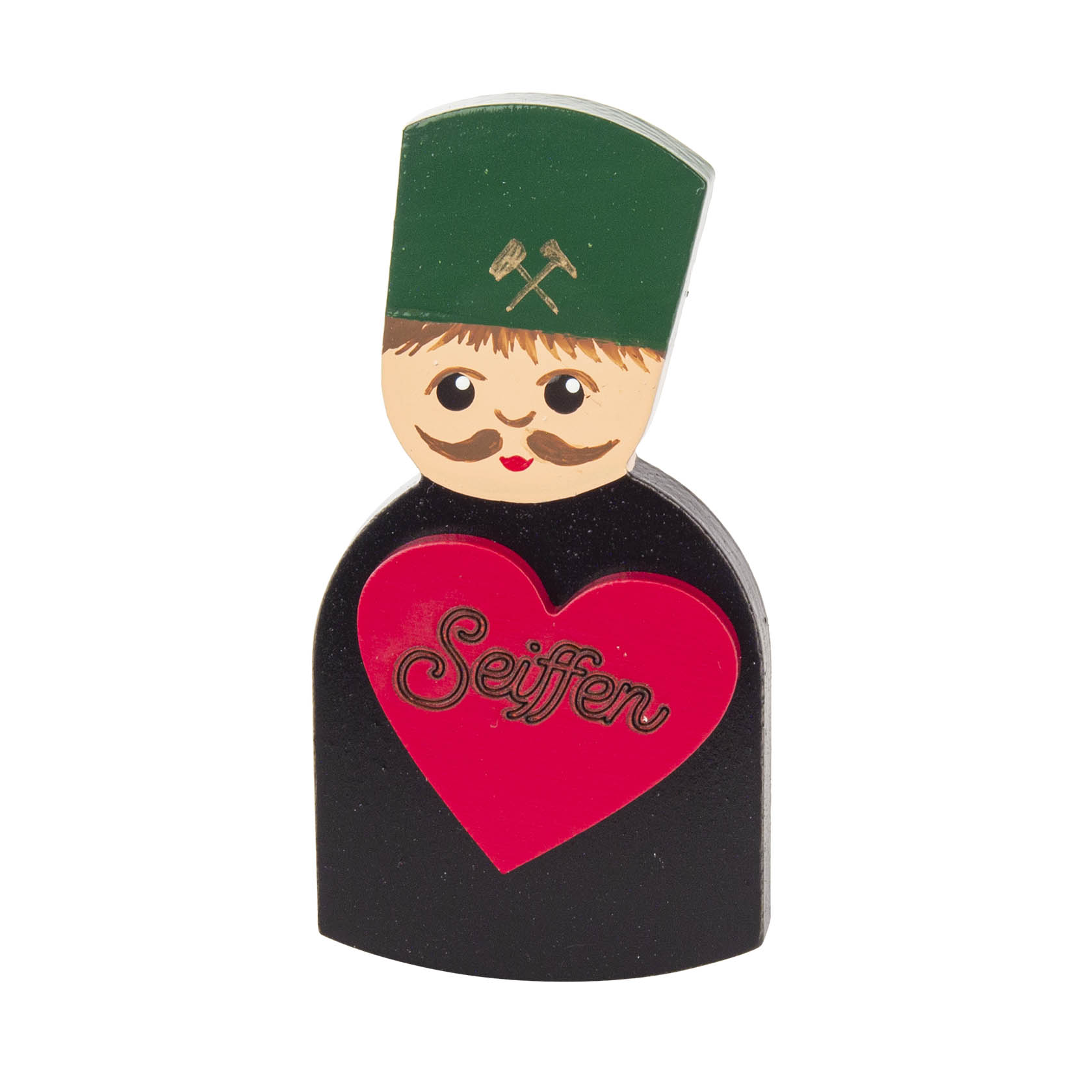 Ein Magnetpin in Form eines Bergmanns mit grünem Hut, einem großen roten Herz auf der Brust mit dem Schriftzug 'Seiffen'. im Dregeno Online Shop günstig kaufen