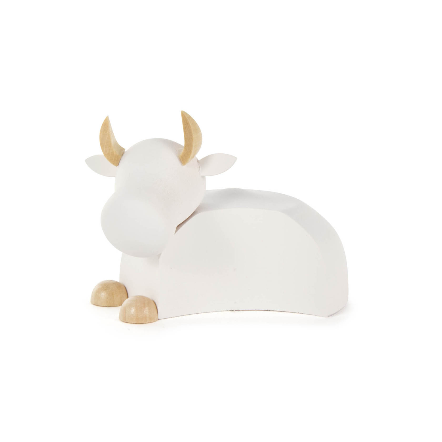 Moderne, stilisierte Holzfigur eines großen, sitzenden Ochsen in Weiß mit naturfarbenen Hörnern, Ohren und Hufen. im Dregeno Online Shop günstig kaufen