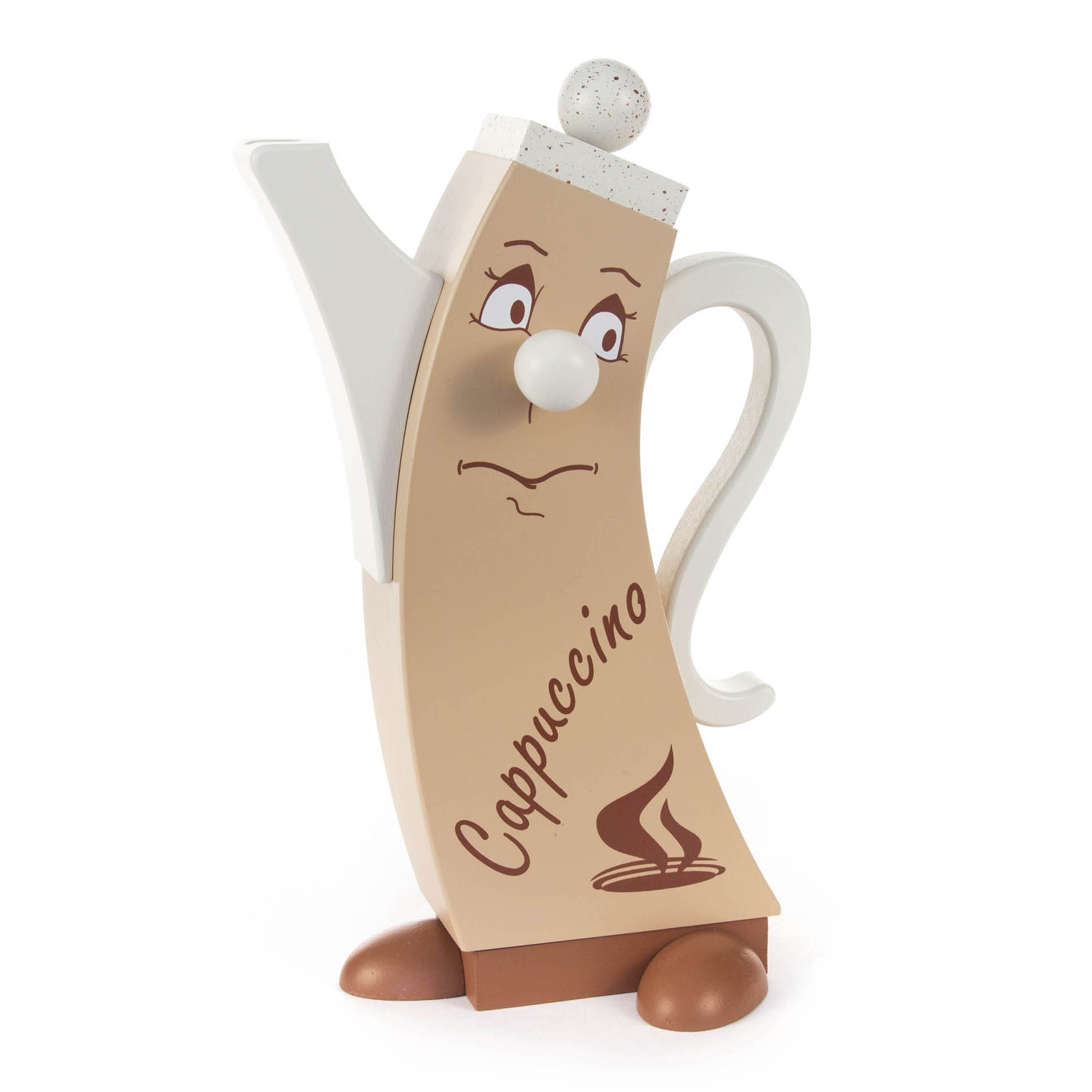 Wooden smoking figure shaped like a coffee pot with 'Cappuccino' written on it, featuring a face with a quirky expression, a nose, and round feet. im Dregeno Online Shop günstig kaufen