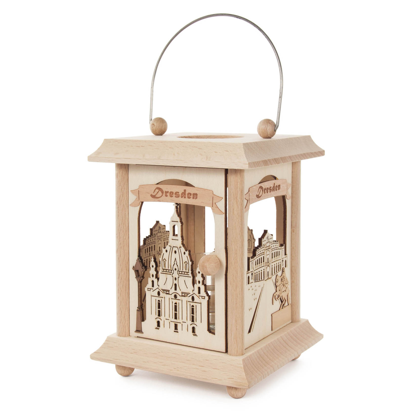 Holzlaterne mit dem Schriftzug 'Dresden' und ausgeschnittenen Motiven der Dresdner Frauenkirche und anderen Gebäuden. Oben befindet sich ein Griff. im Dregeno Online Shop günstig kaufen