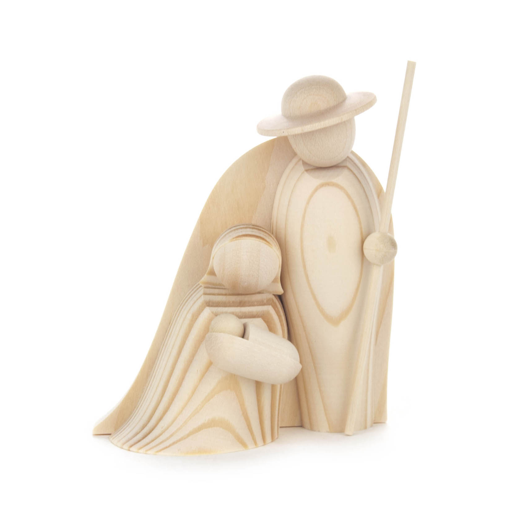 Holzfigur eines stehenden Kindes mit Hut und Stock, schützend umarmt von einer größeren, schleiergekleideten Person. im Dregeno Online Shop günstig kaufen