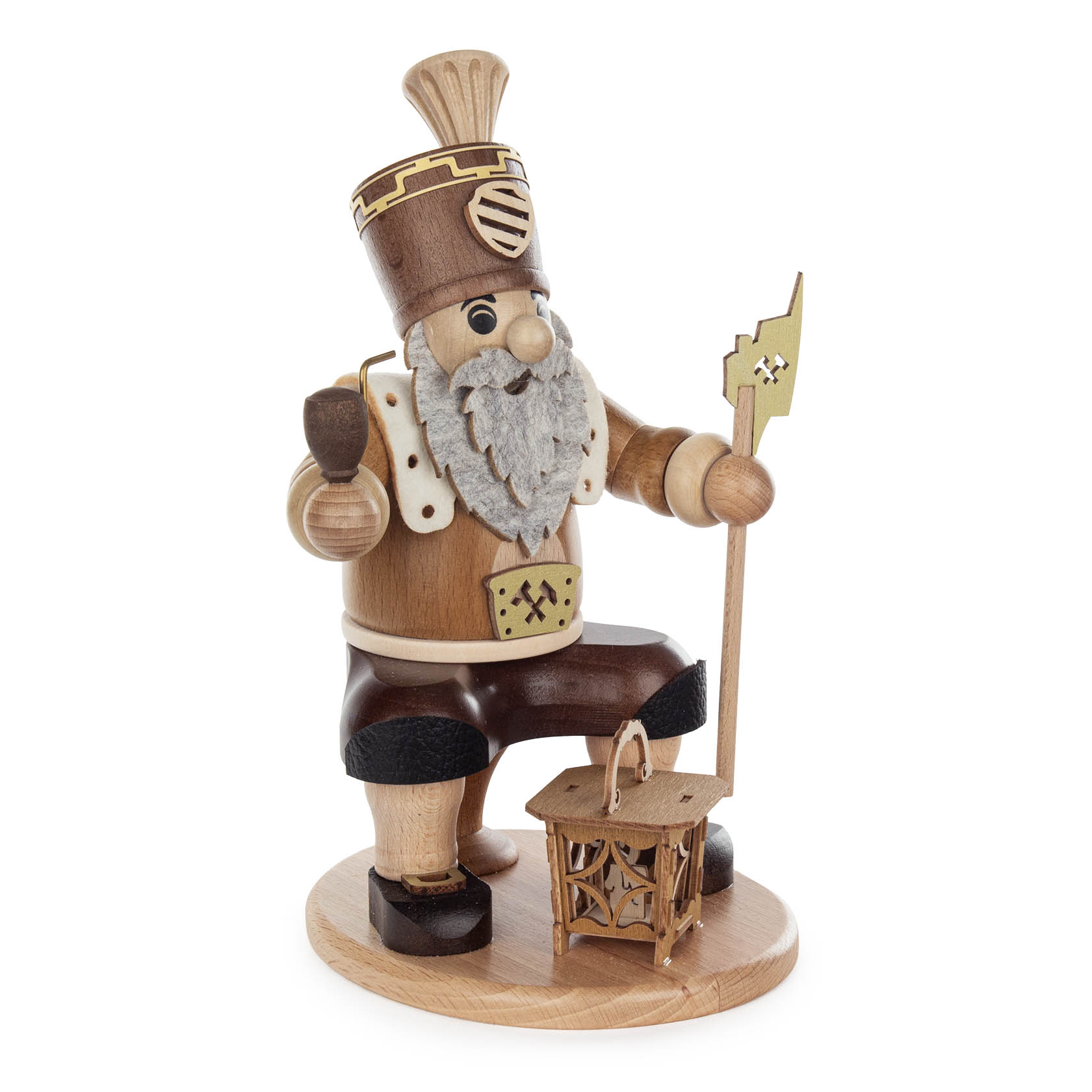 Holzfigur eines sitzenden Bergmanns mit Bart und Helm, eine Laterne haltend. Der Bergmann ist in traditioneller Kleidung mit Details gestaltet. im Dregeno Online Shop günstig kaufen