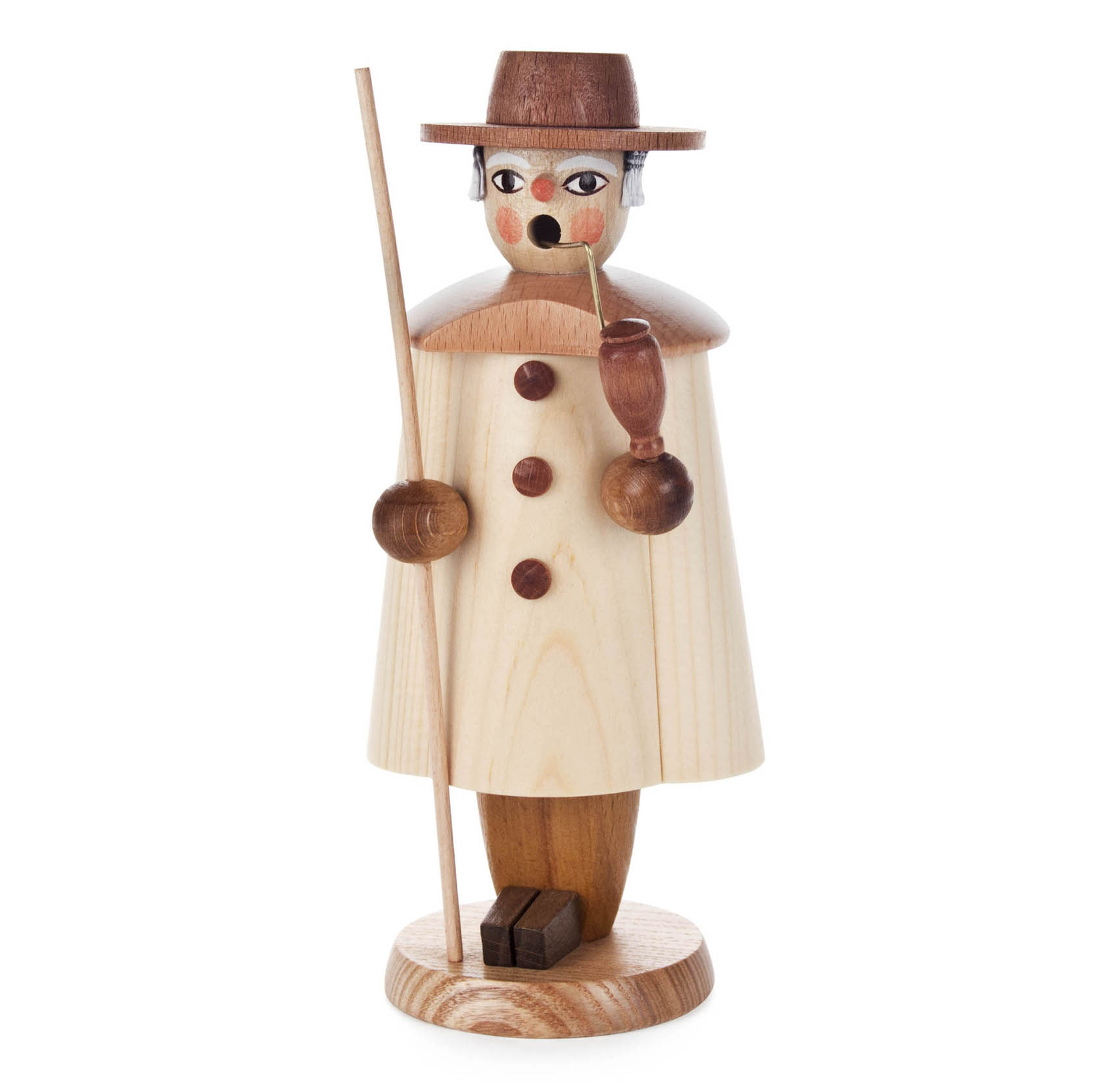 Holz-Räuchermann in Gestalt eines Schäfers mit Pfeife und langem Stock, etwa 20 cm groß, naturbelassenes Holz mit braunen Akzenten. im Dregeno Online Shop günstig kaufen