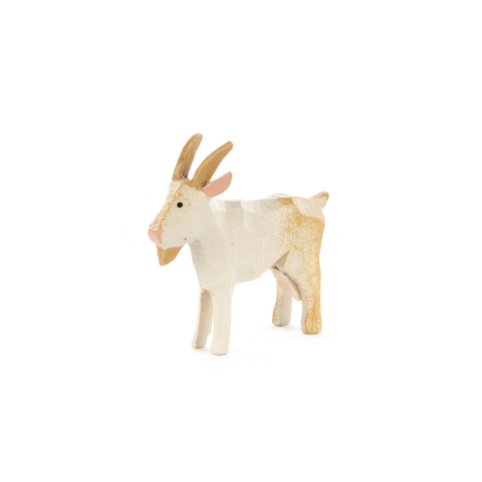 Weiße Holzfigur einer Ziege mit braunen Hörnern und rosa Ohren. im Dregeno Online Shop günstig kaufen