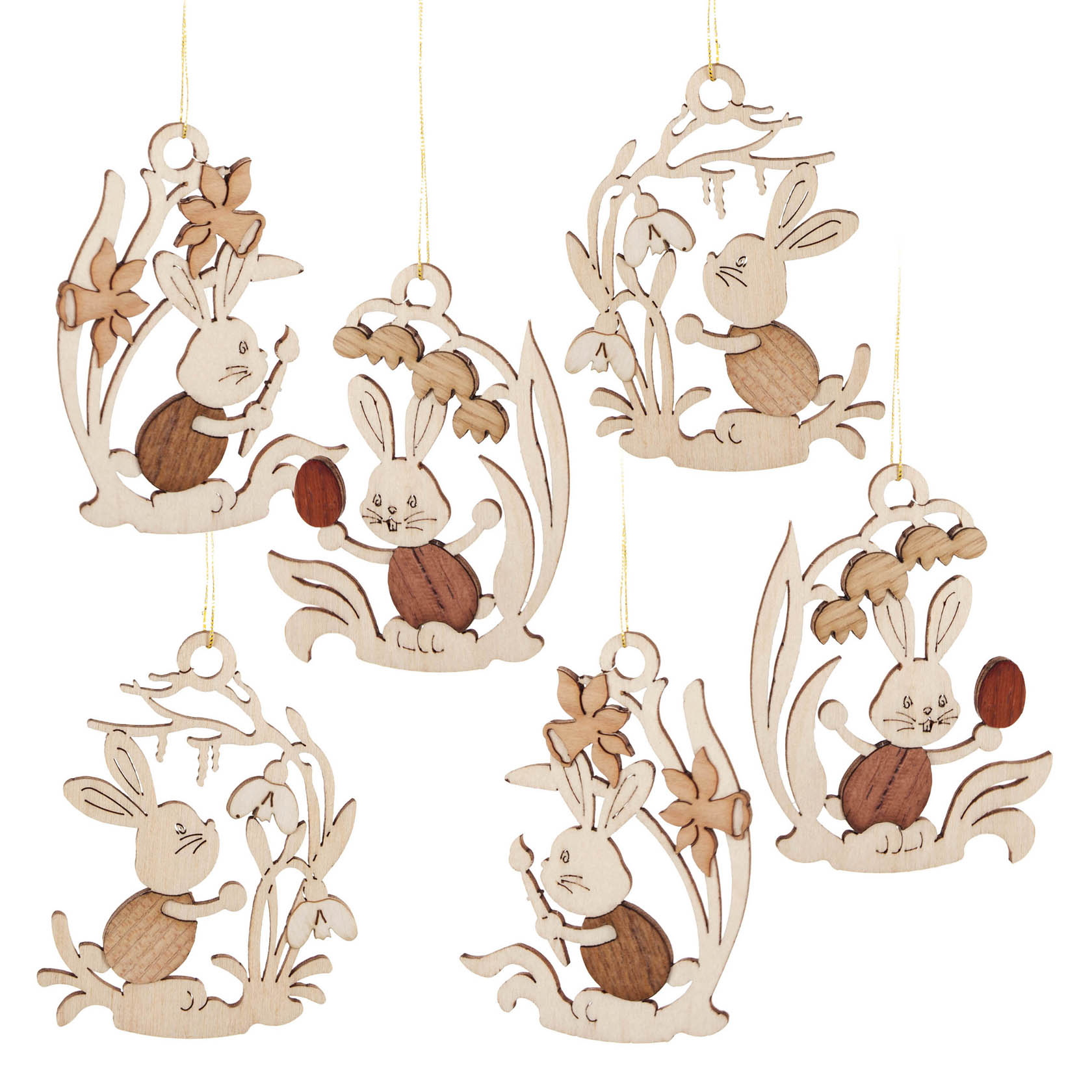Sechs Hasenfiguren aus Holz mit Blumen als Dekoration. Die Hasen sind liebevoll geschnitzt und zeigen verschiedene Blumenmotive. im Dregeno Online Shop günstig kaufen