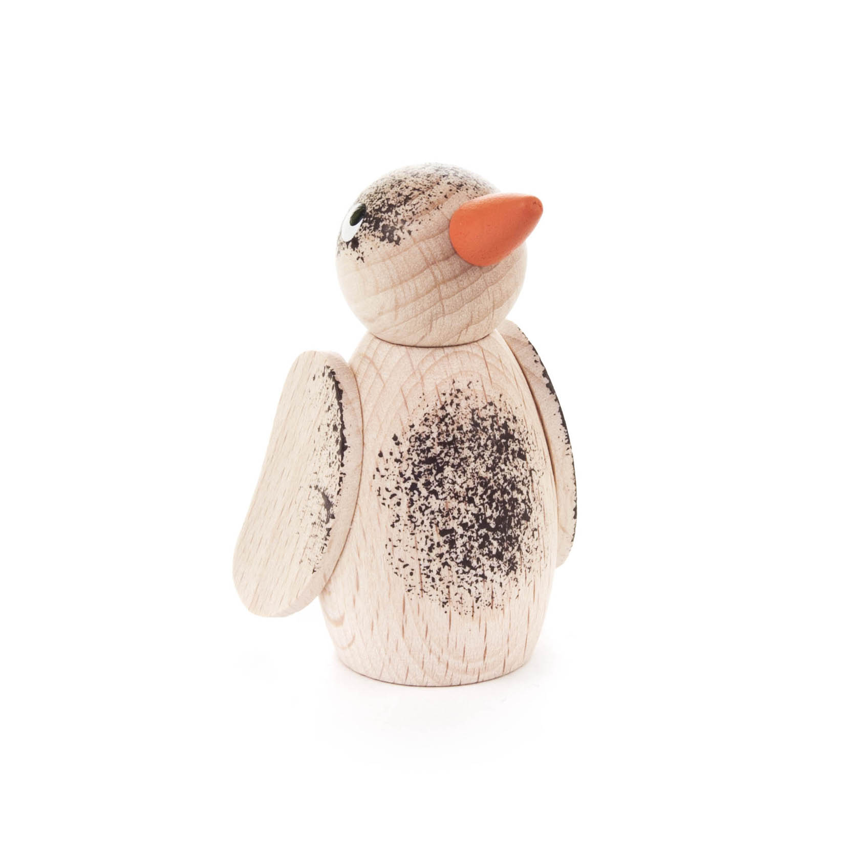 Holzvogel in natürlichen Farben mit orangefarbenem Schnabel und Flügeln, die mit schwarzem Sprenkelmuster verziert sind. im Dregeno Online Shop günstig kaufen