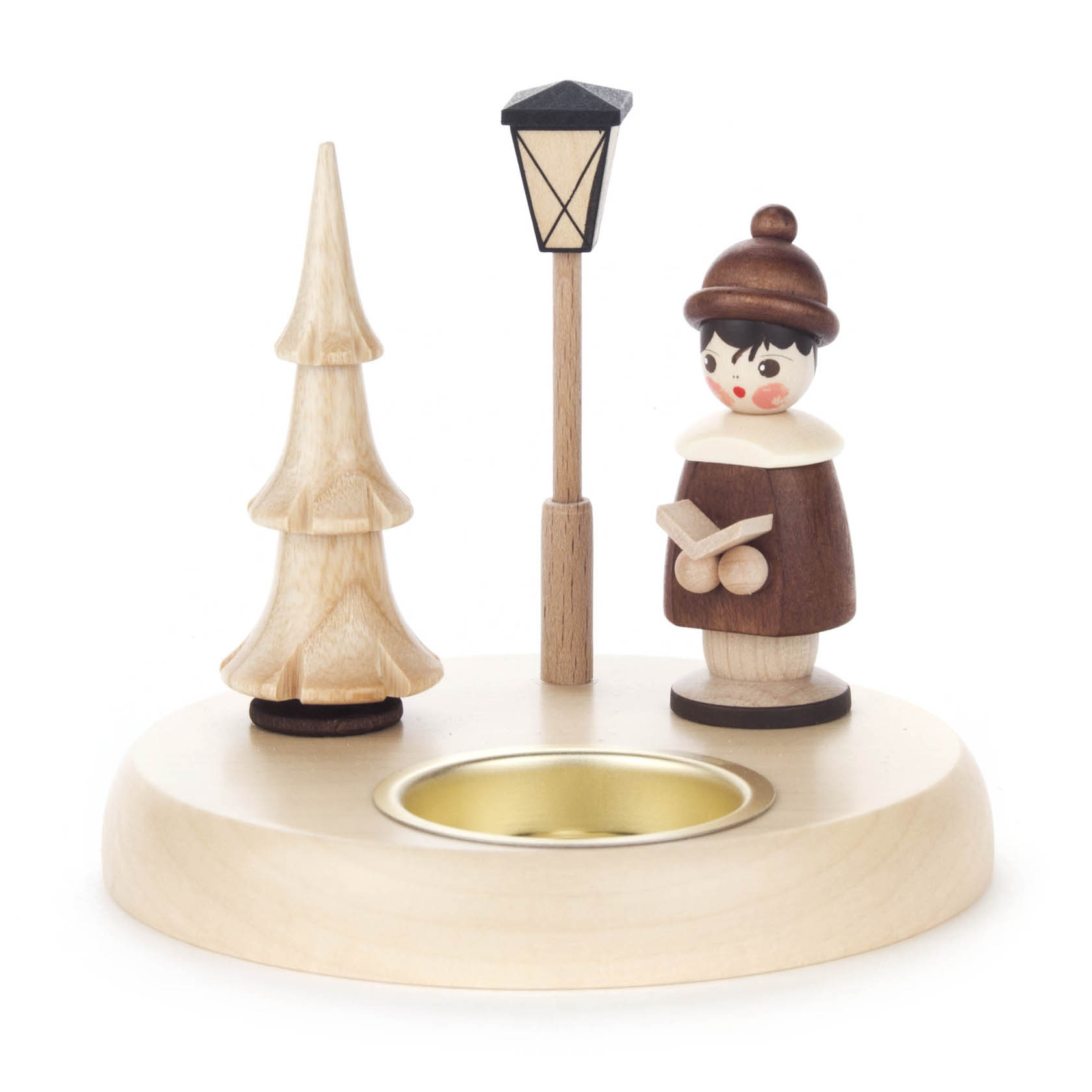 Teelichthalter aus Holz mit Kurrendefigur, Baum und Laterne. Figur trägt Mantel und Mütze, hält ein Buch, alles in natürlichen Farben gehalten. im Dregeno Online Shop günstig kaufen