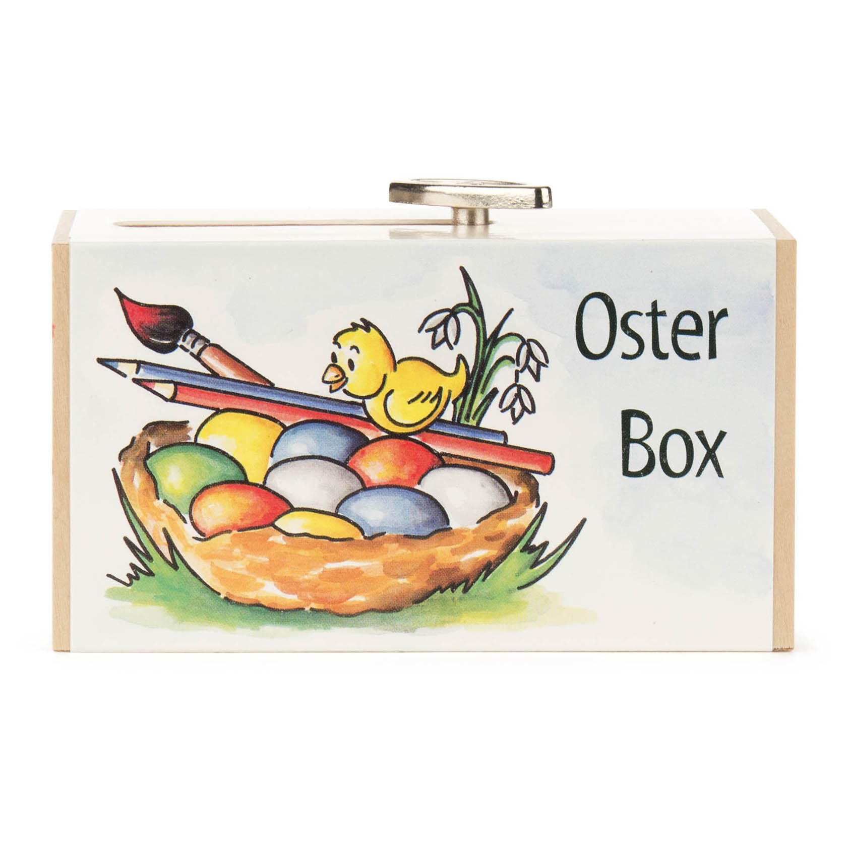 Eine Schiebebox mit der Aufschrift 'Oster Box', verziert mit einem Küken, das auf einem rot-weißen Stift sitzt, und einem Korb voller bunter Eier.